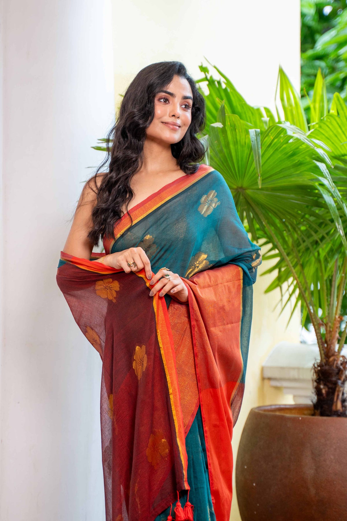 Teal Hibiscus Gold Zari Thread Mulmul Cotton Saree with Blouse Piece