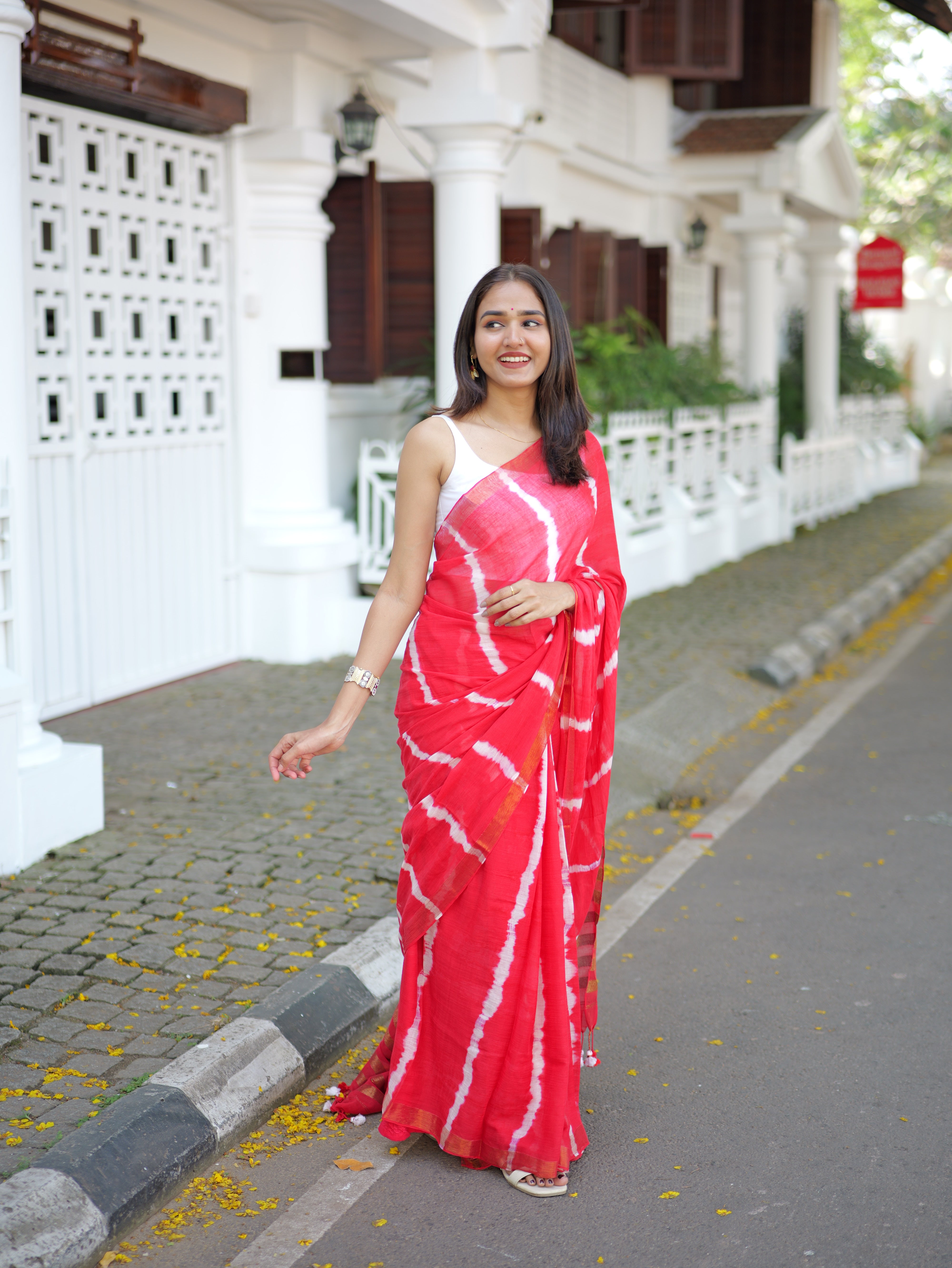 Red Shibori Print Mul Mul Cotton Saree
