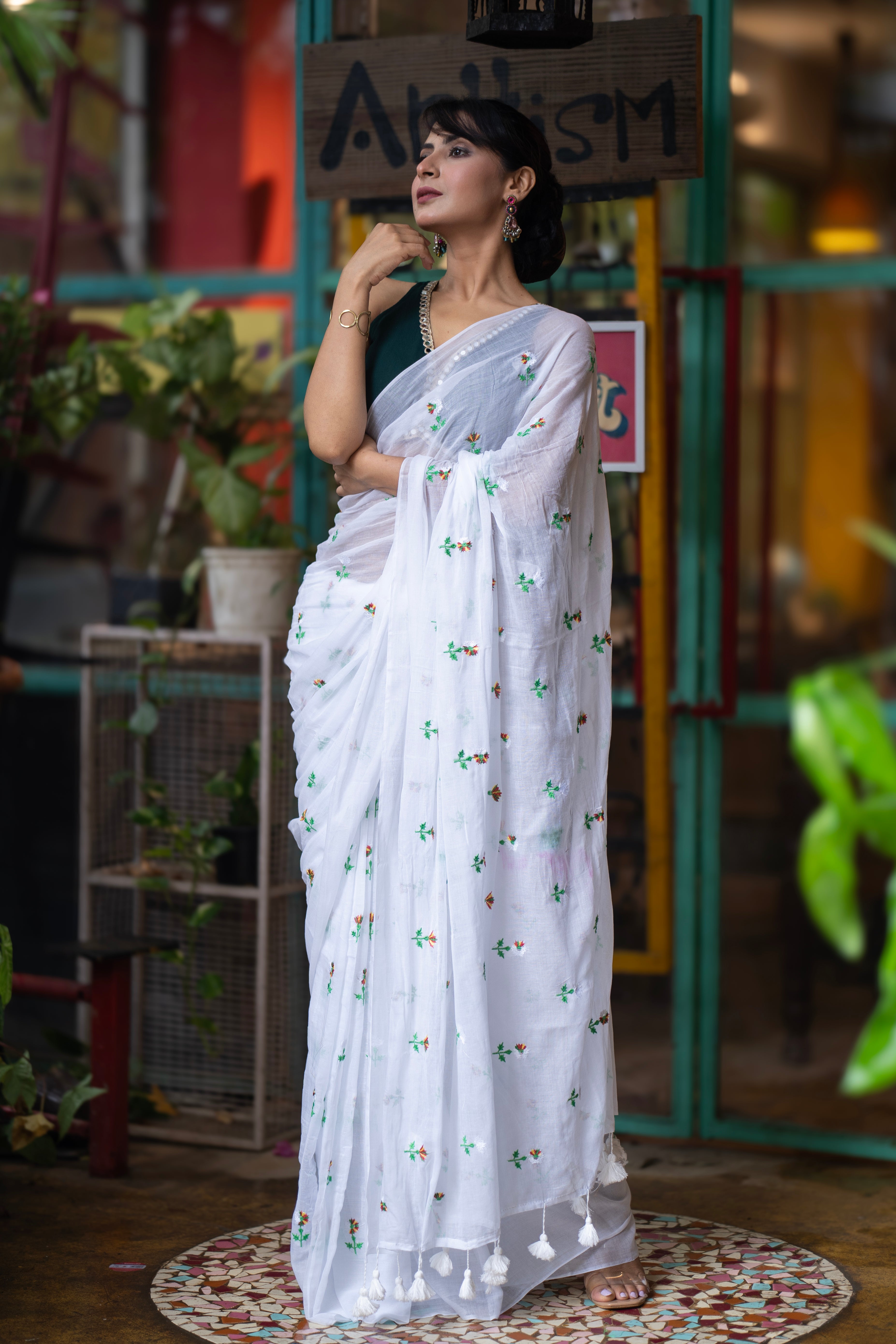 Embroidered Mul Mul Cotton Saree- White
