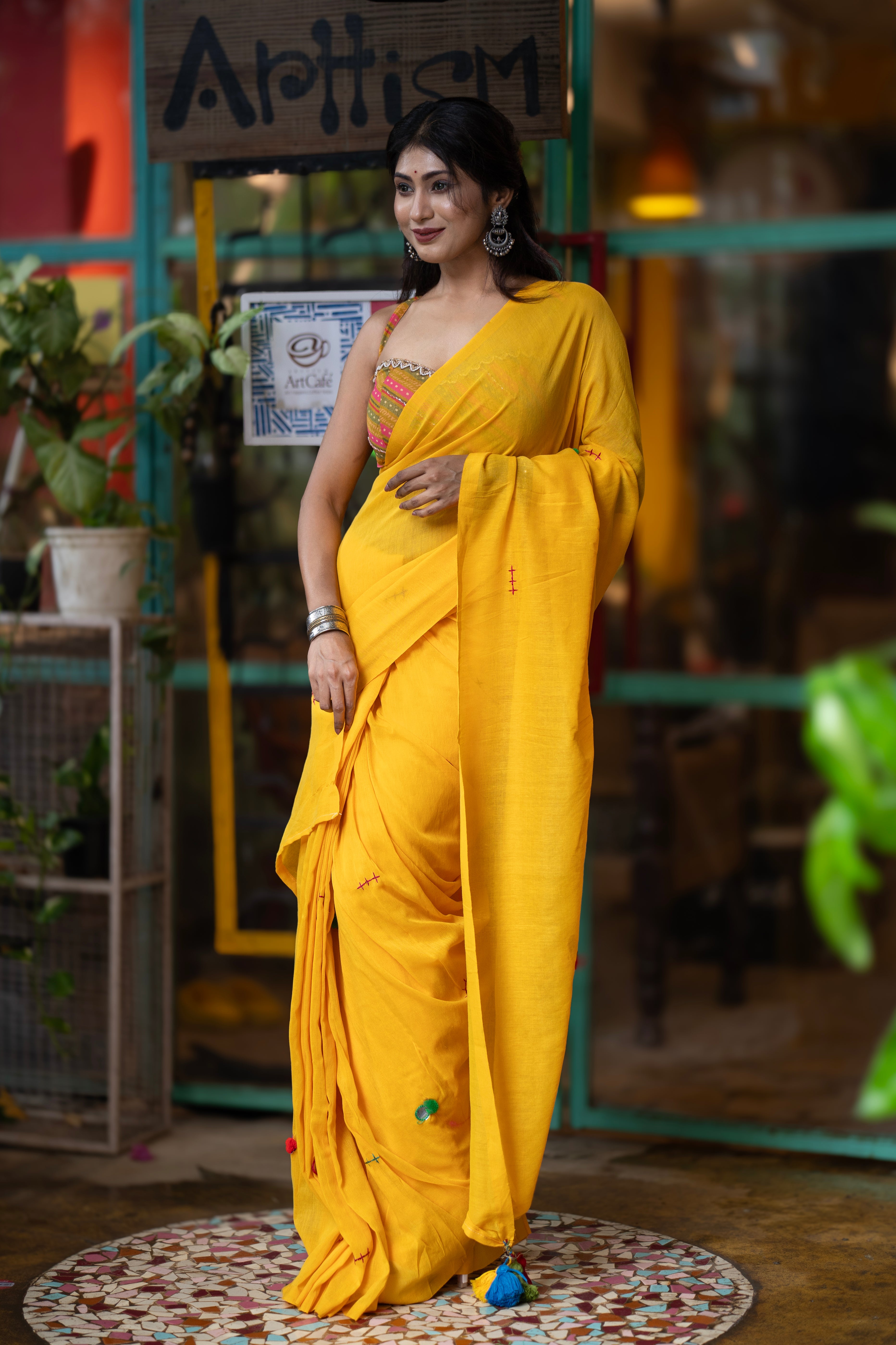 Yellow mul Cotton Saree with Mirror Work & Pompom Border
