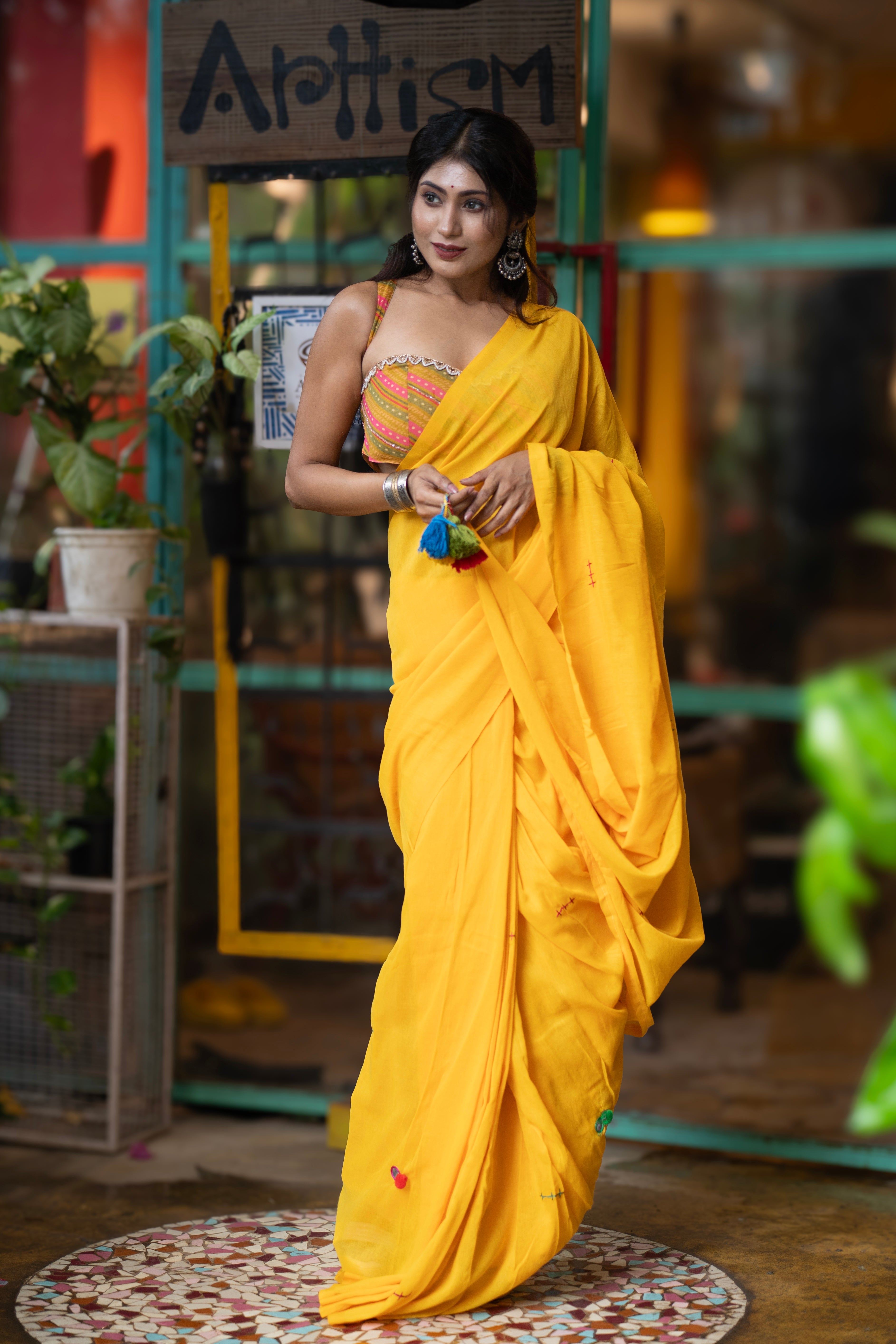Yellow mul Cotton Saree with Mirror Work & Pompom Border