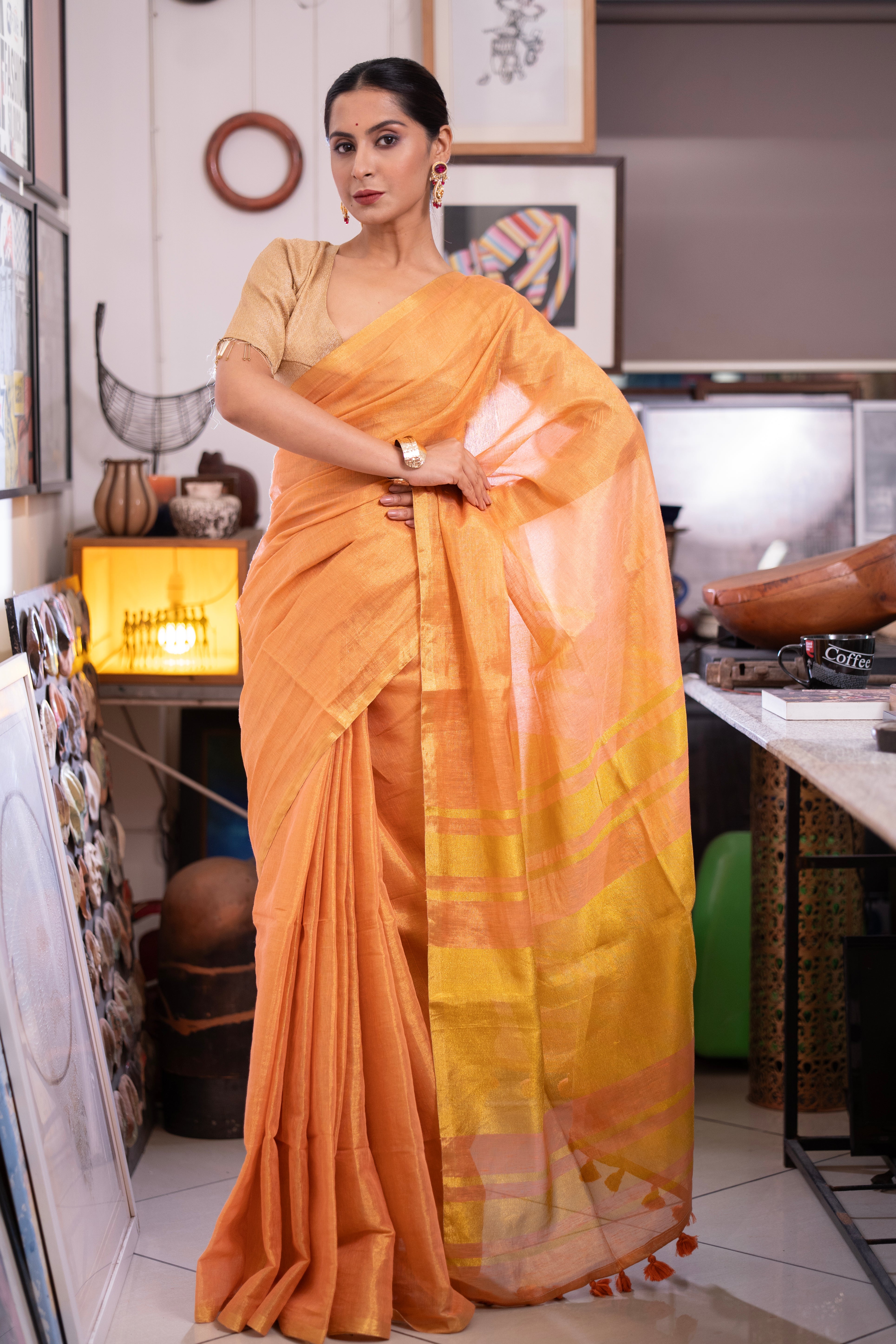 Rust Pink Dual Tone Pure Tissue Linen Saree