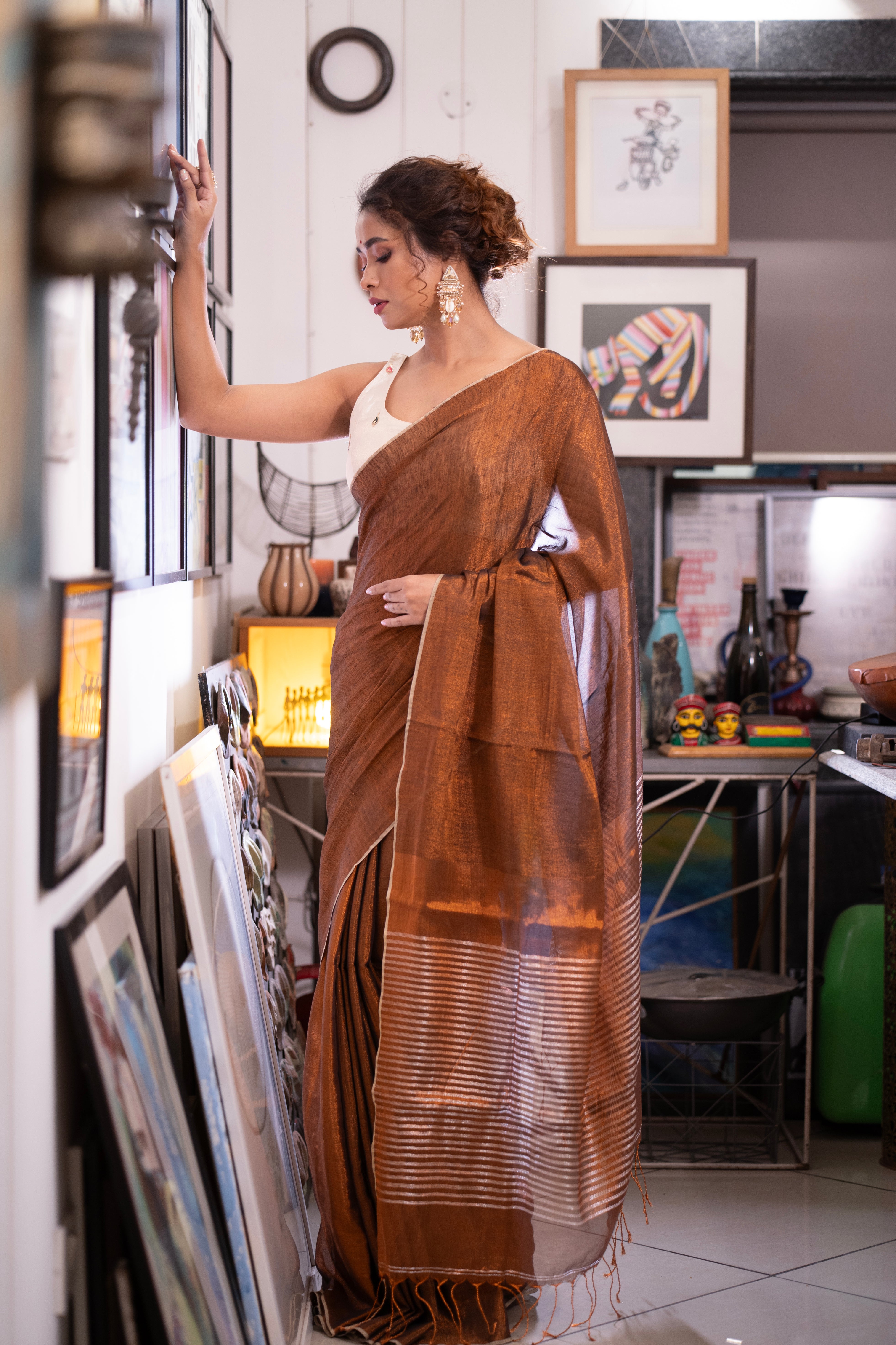 Copper Dual Tone Pure Tissue Linen Saree