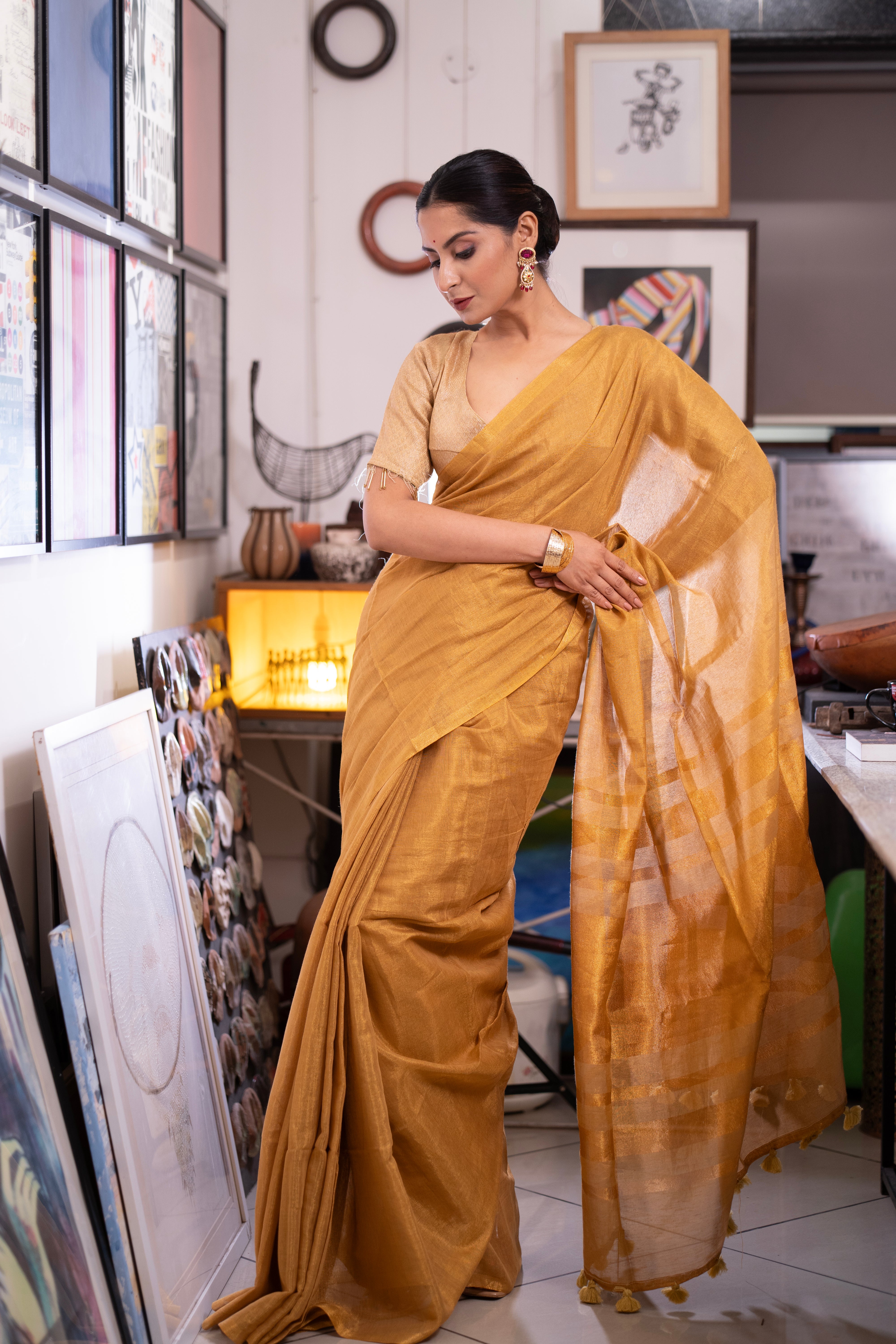 Golden Dual Tone Pure Tissue Linen Saree