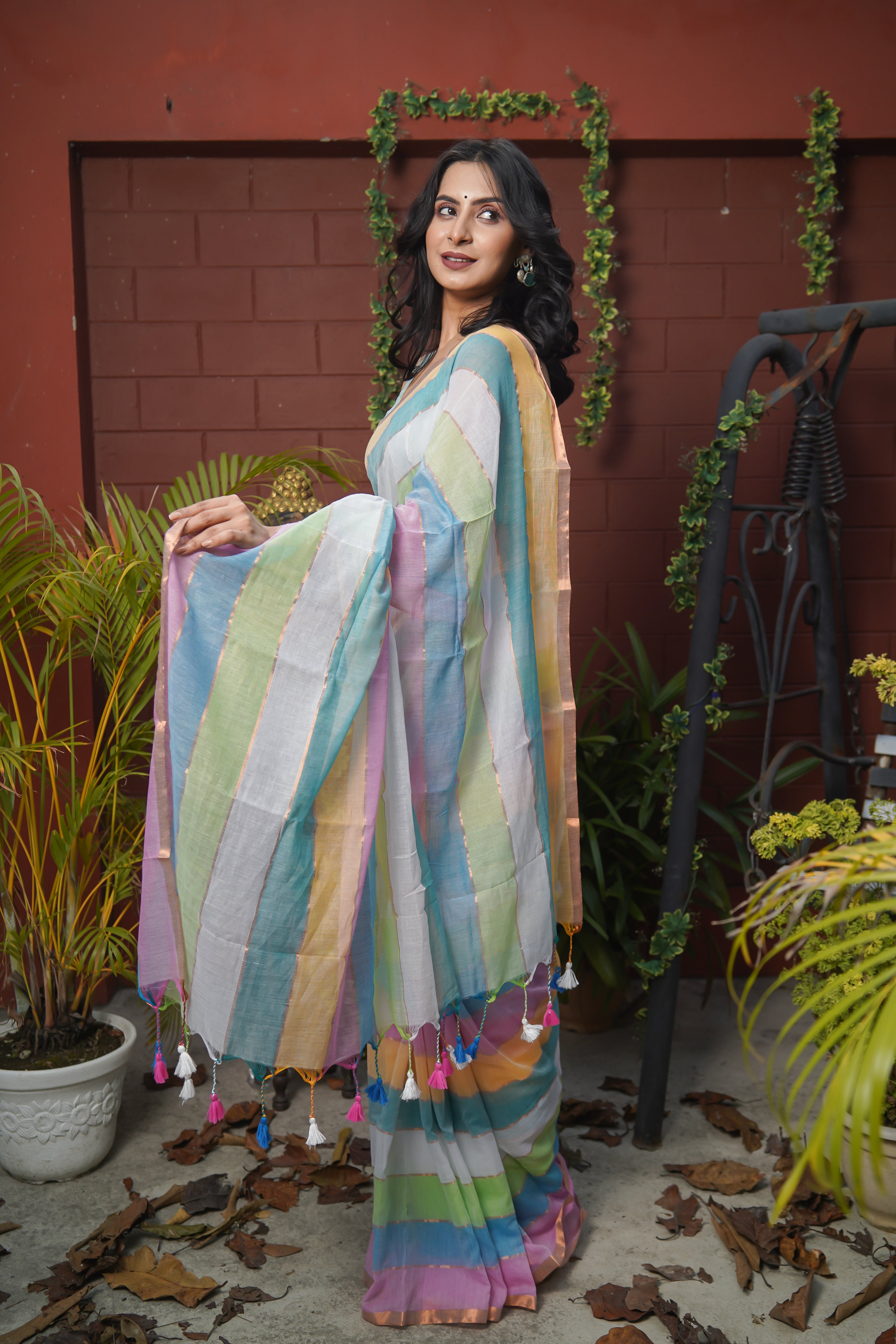 Multicolour Rainbow Mul Mul Cotton Saree with Blouse piece