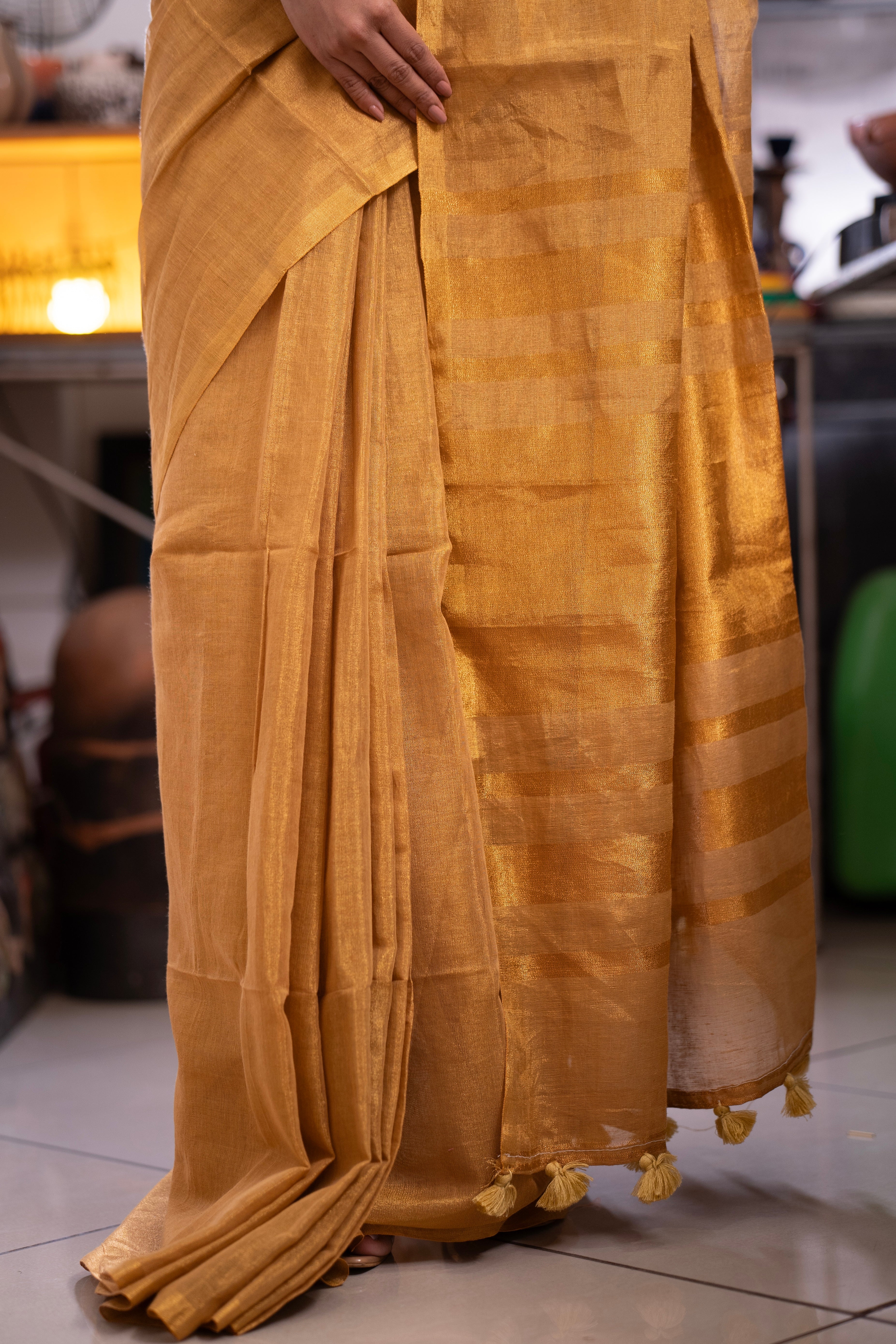 Golden Dual Tone Pure Tissue Linen Saree
