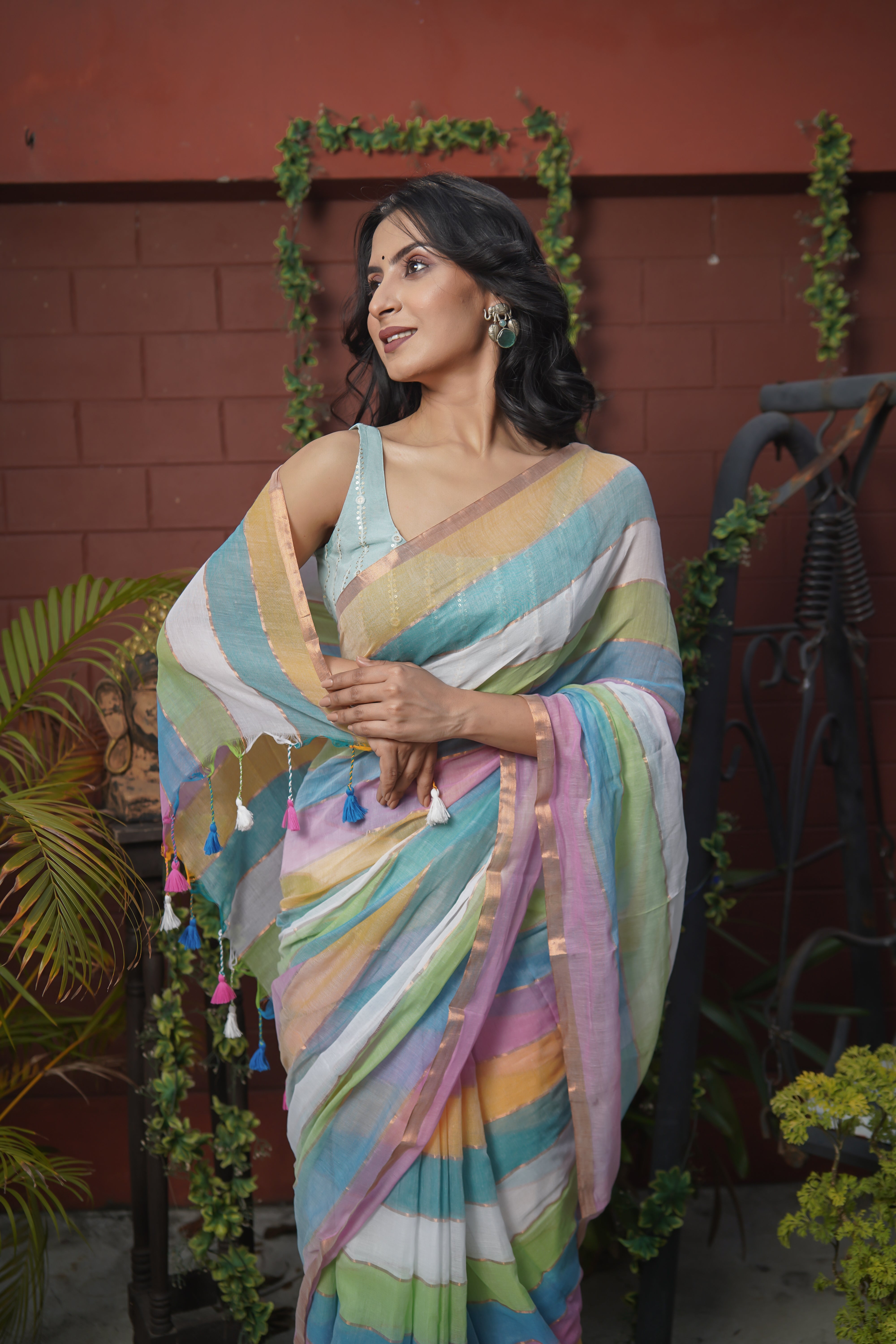 Multicolour Rainbow Mul Mul Cotton Saree with Blouse piece