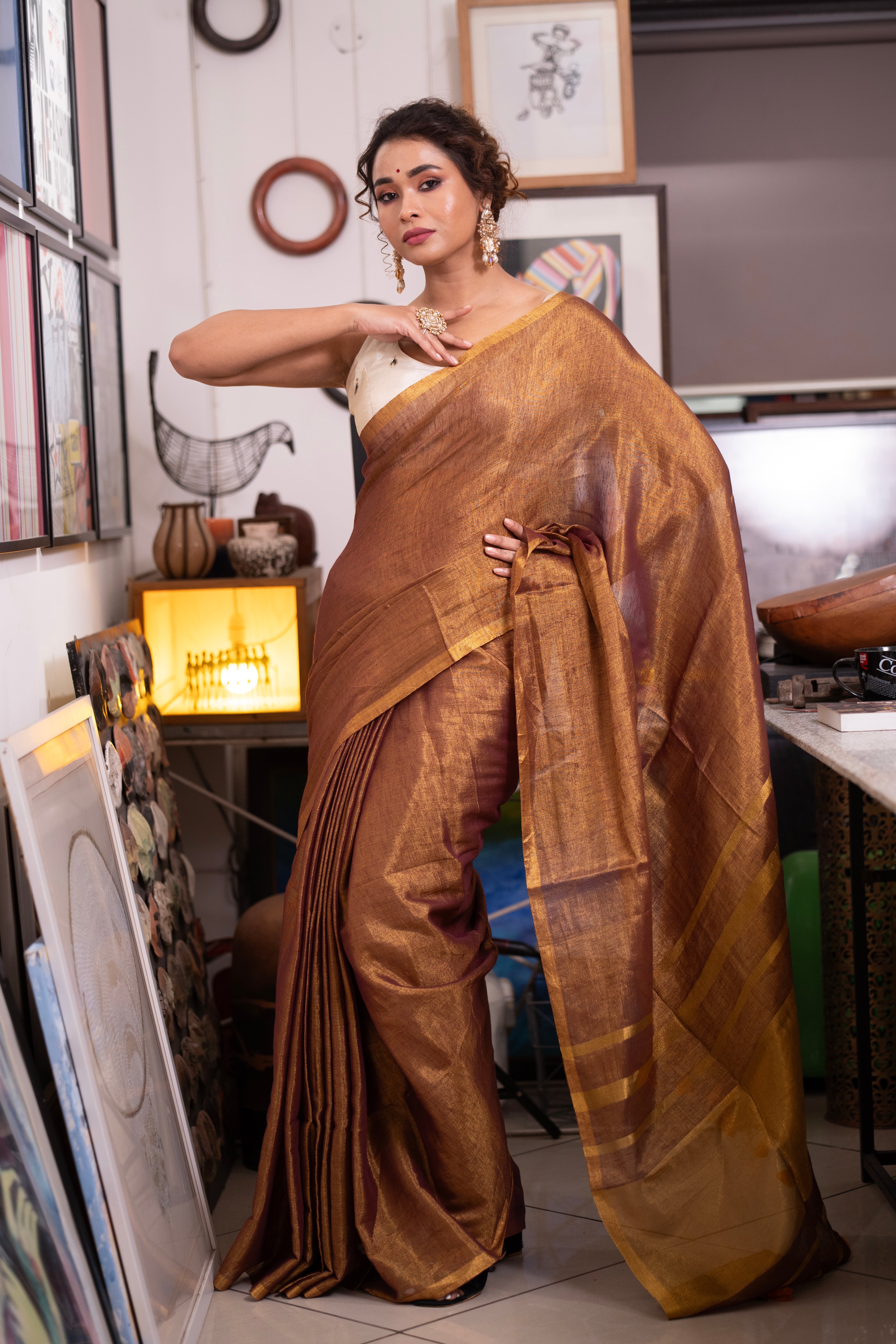 Copper Dual Tone Pure Tissue Linen Saree
