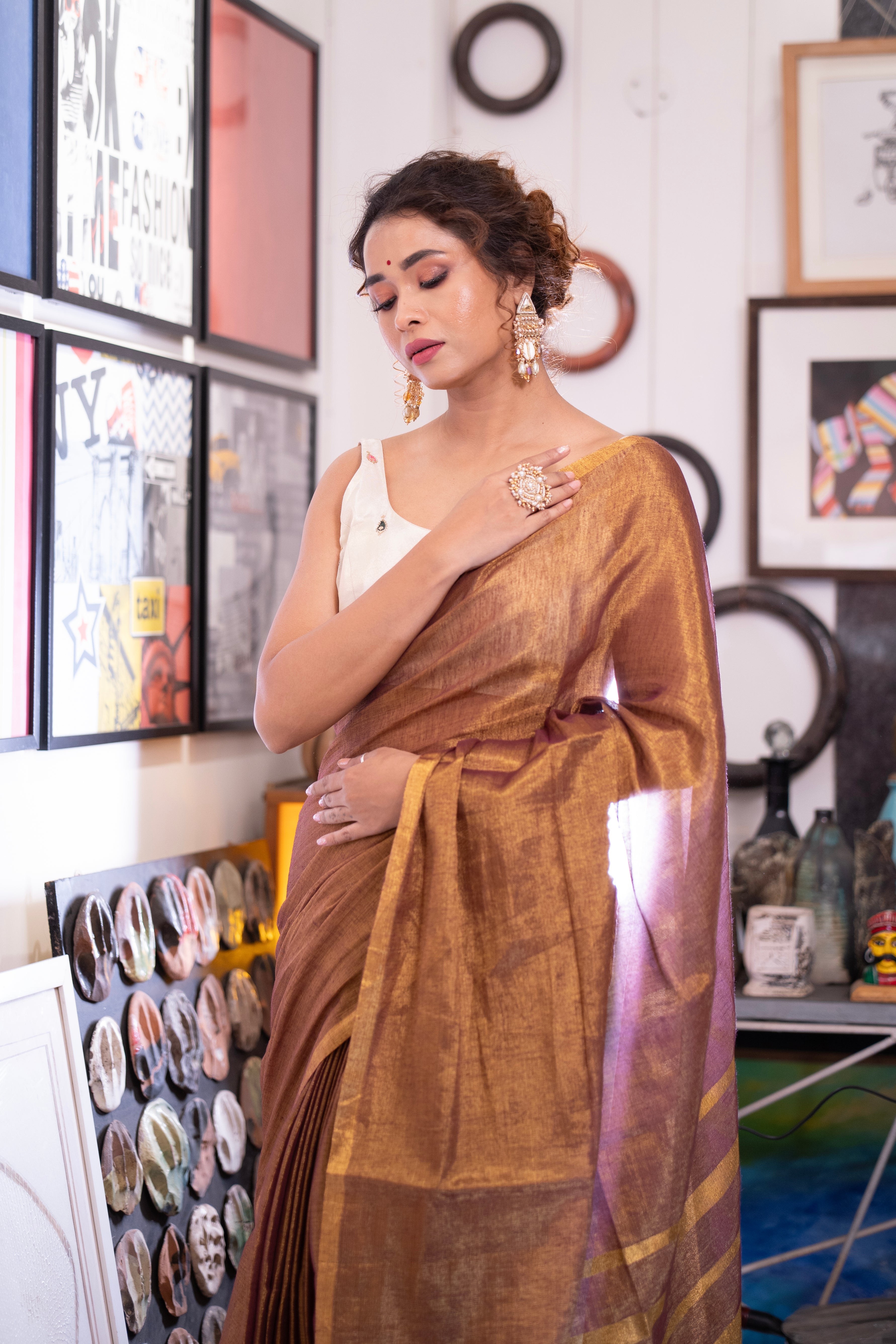 Copper Dual Tone Pure Tissue Linen Saree