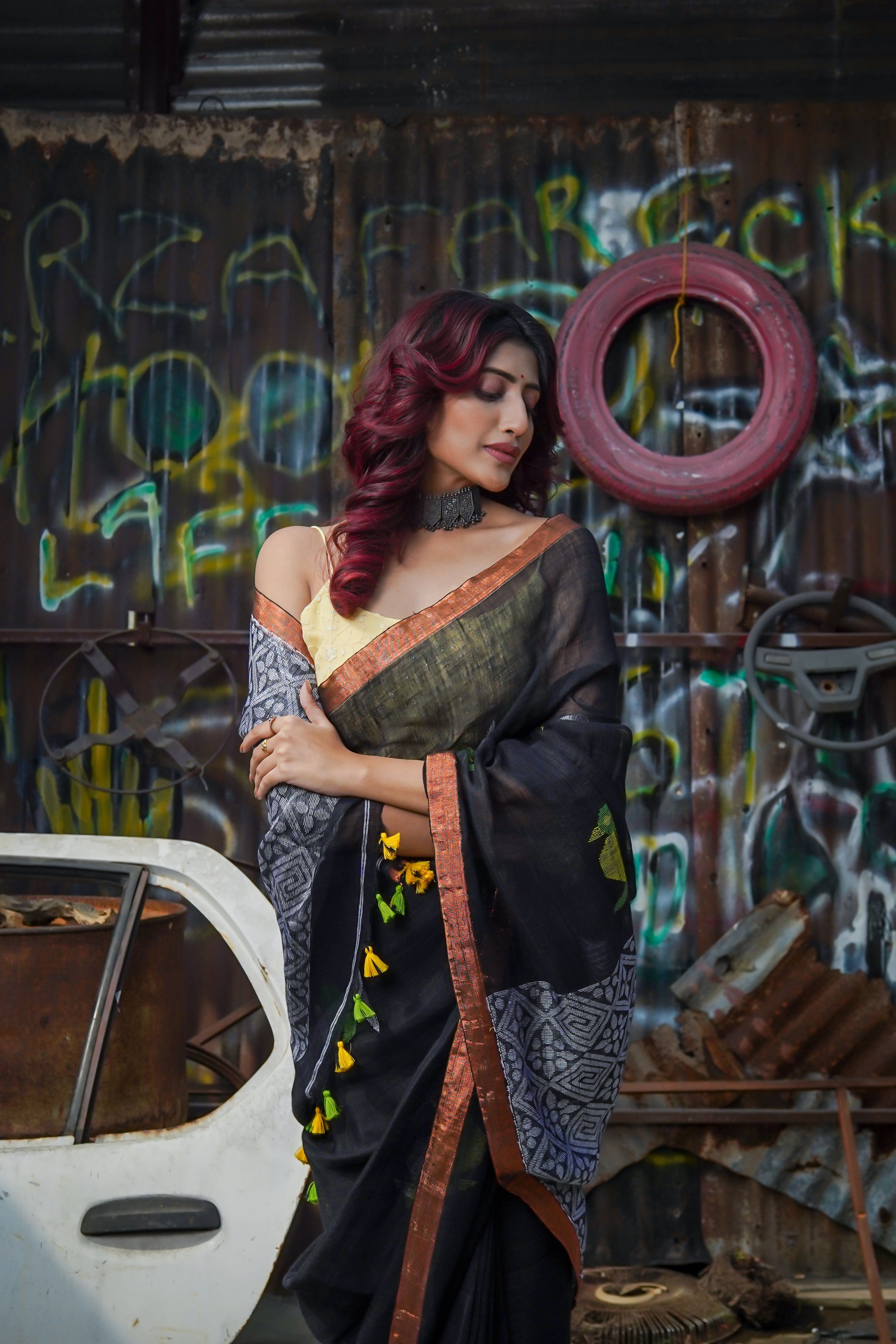 Handwoven Black Linen Jamdani Saree with Penguin Animal weaving