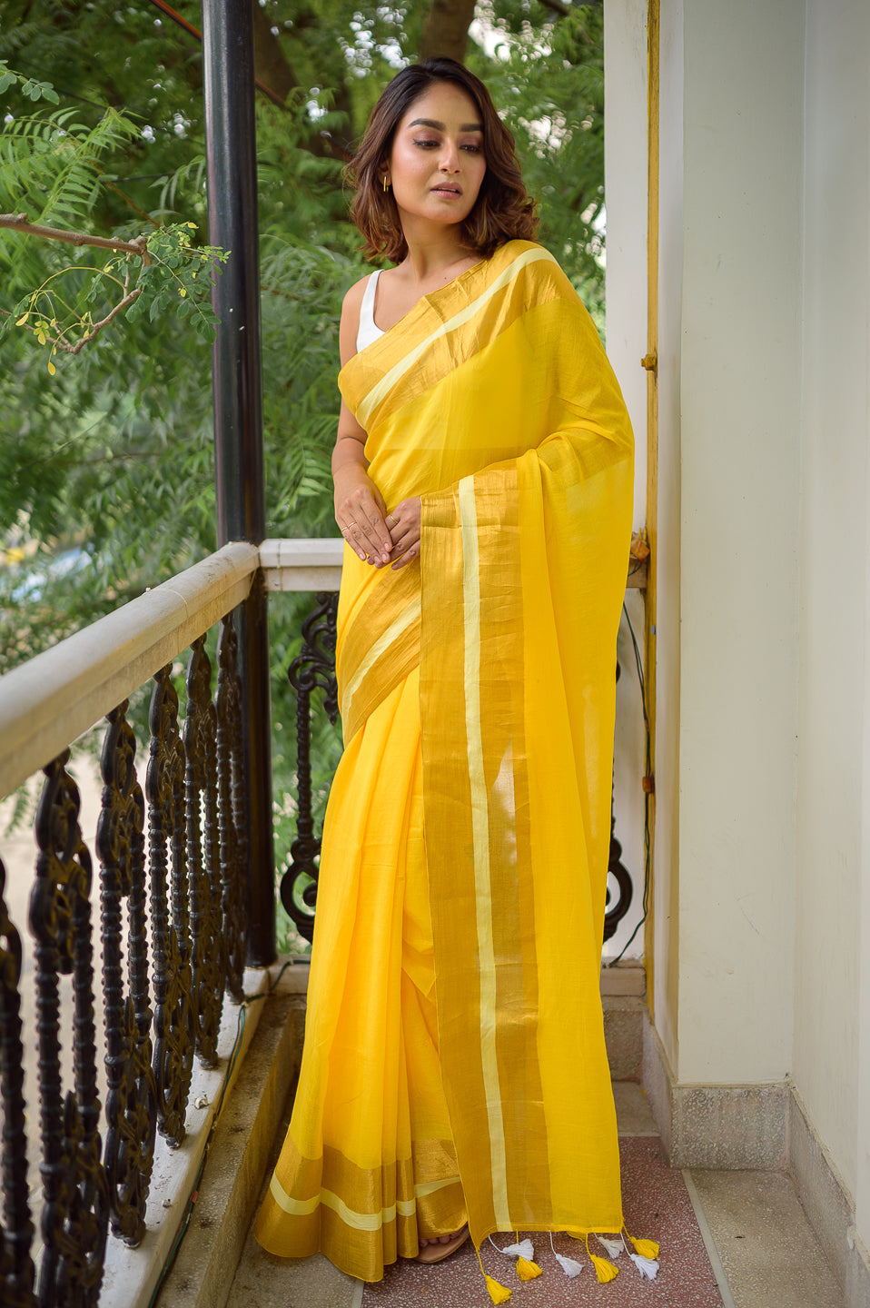 Divya Yellow Mul Mul Cotton Saree