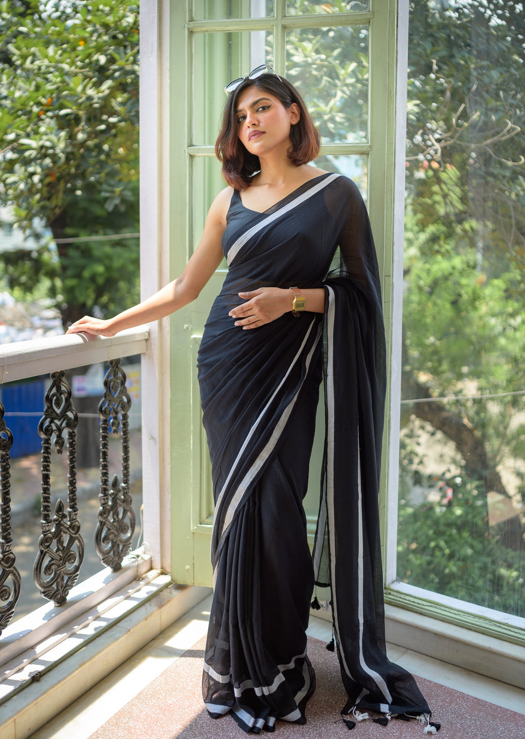 Black Pure Mulmul Cotton Saree With White Border
