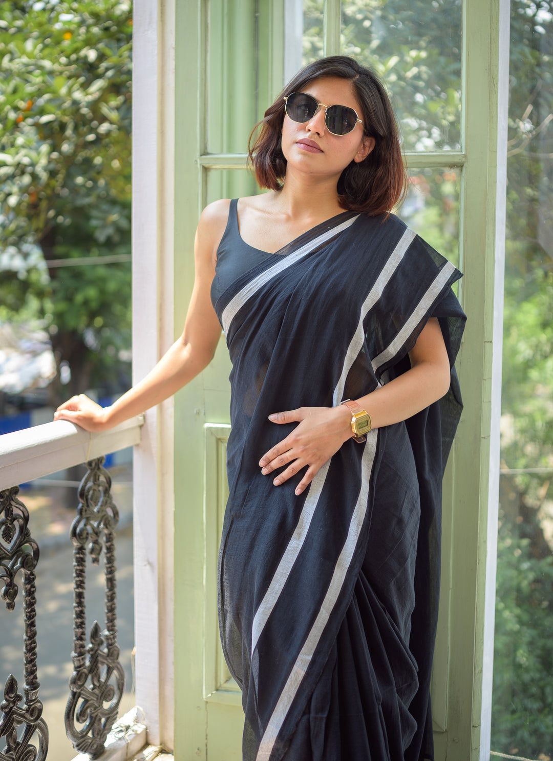 Black Pure Mulmul Cotton Saree With White Border