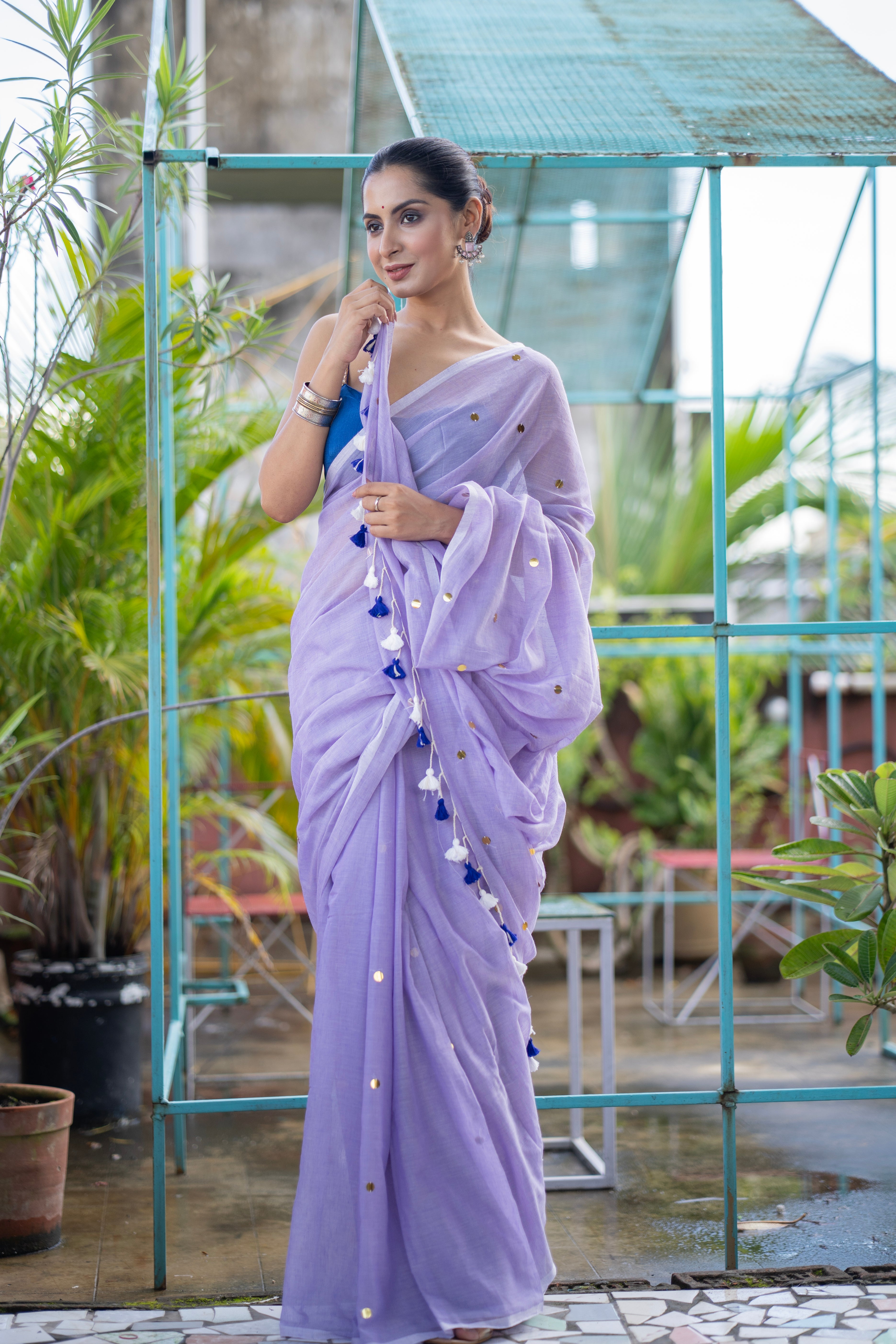 Lavender Mul Mul Cotton Saree with Ginni Work