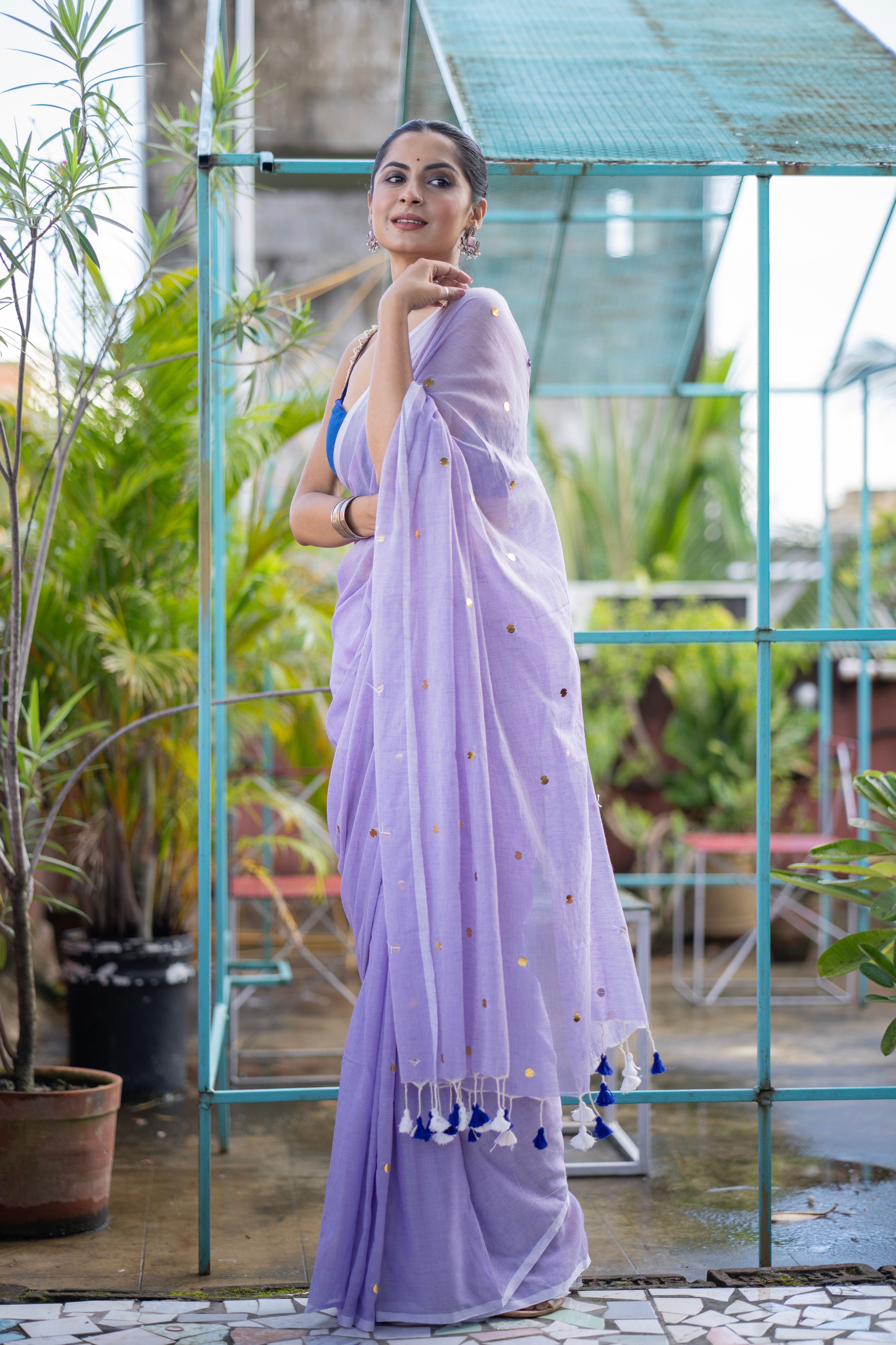 Lavender Mul Mul Cotton Saree with Ginni Work