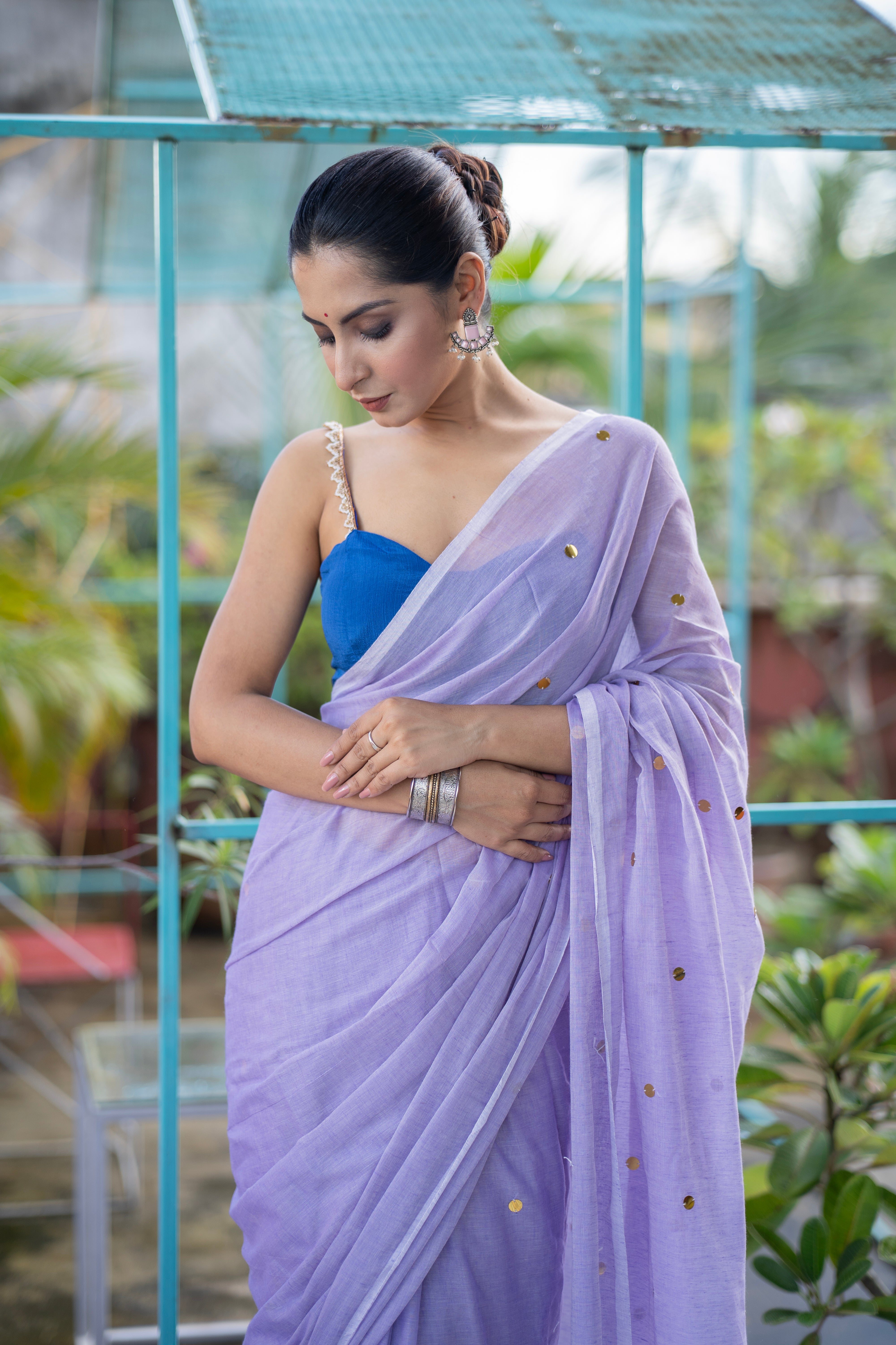 Lavender Mul Mul Cotton Saree with Ginni Work