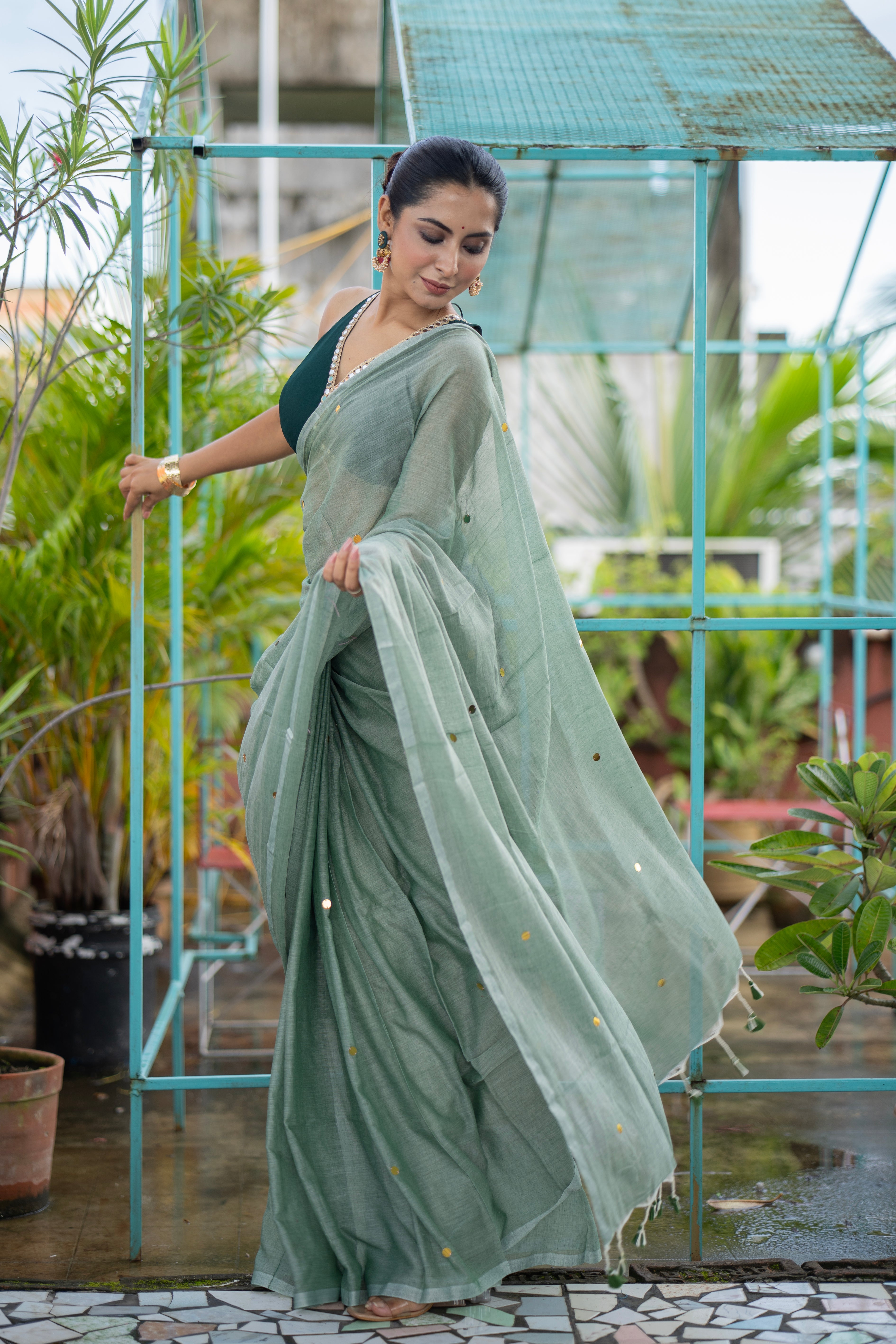 Light Green Mul Mul Cotton Saree with Ginni Work