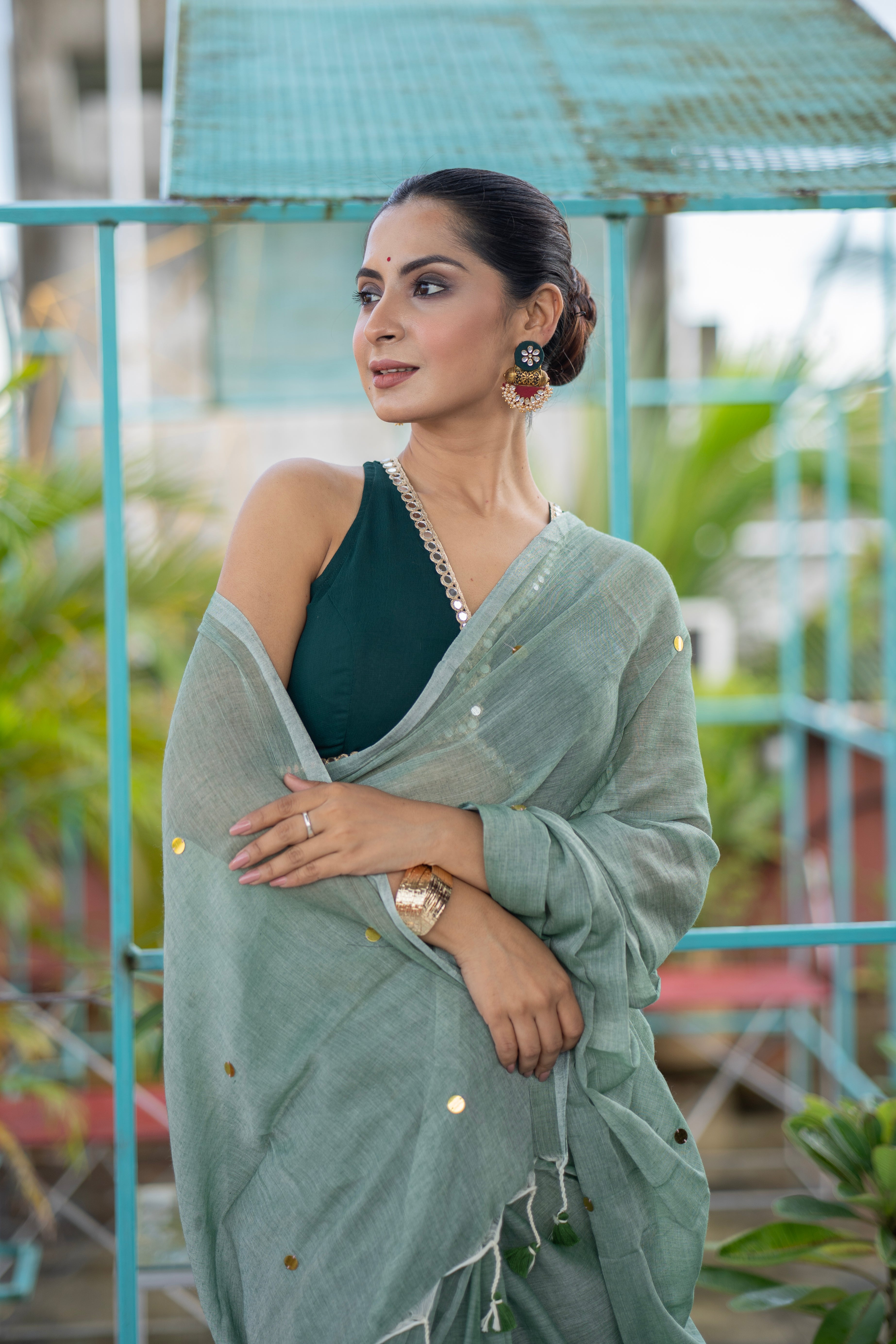 Light Green gini work Mul Mul Cotton Saree with blouse piece