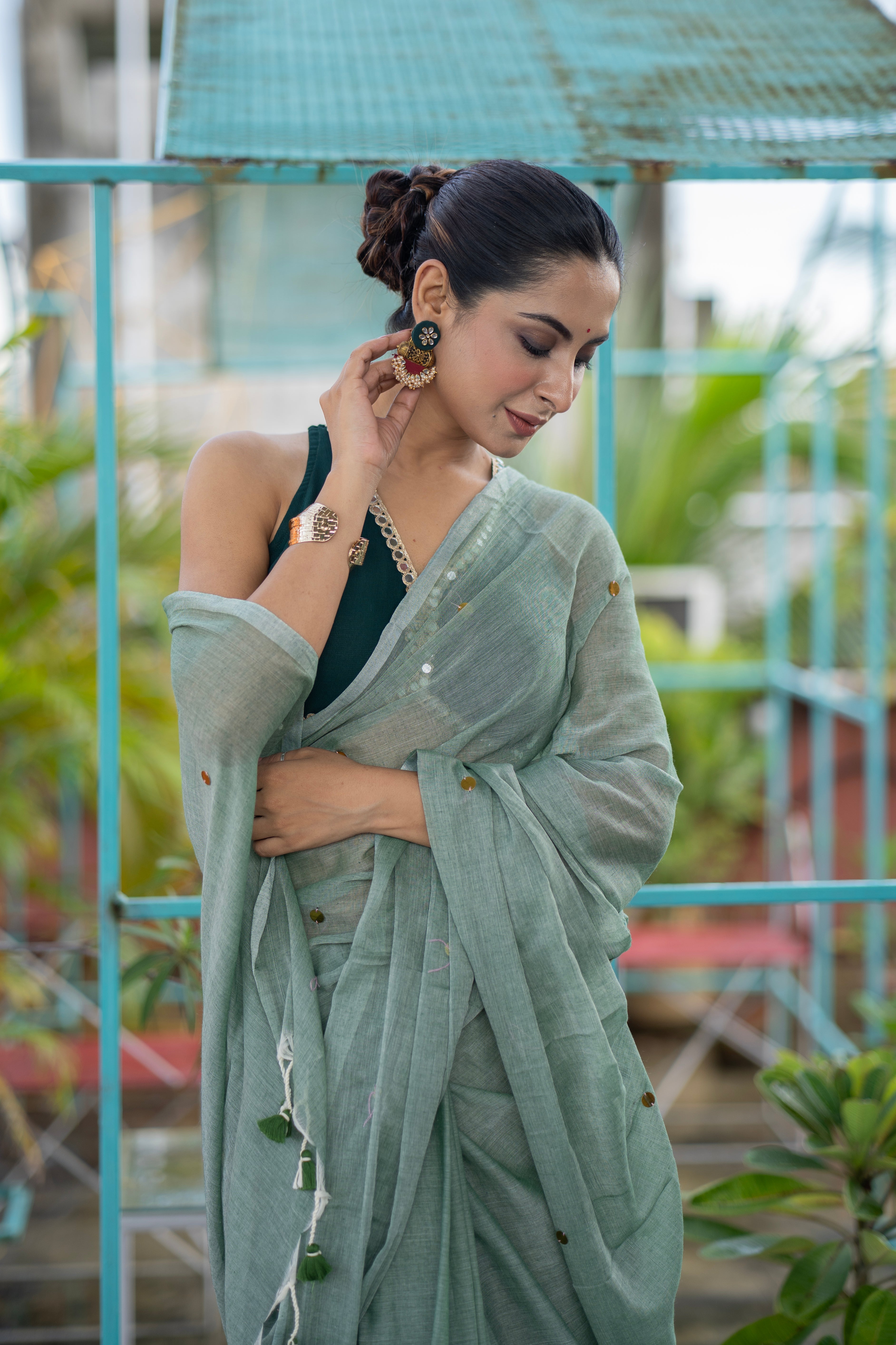 Light Green gini work Mul Mul Cotton Saree with blouse piece