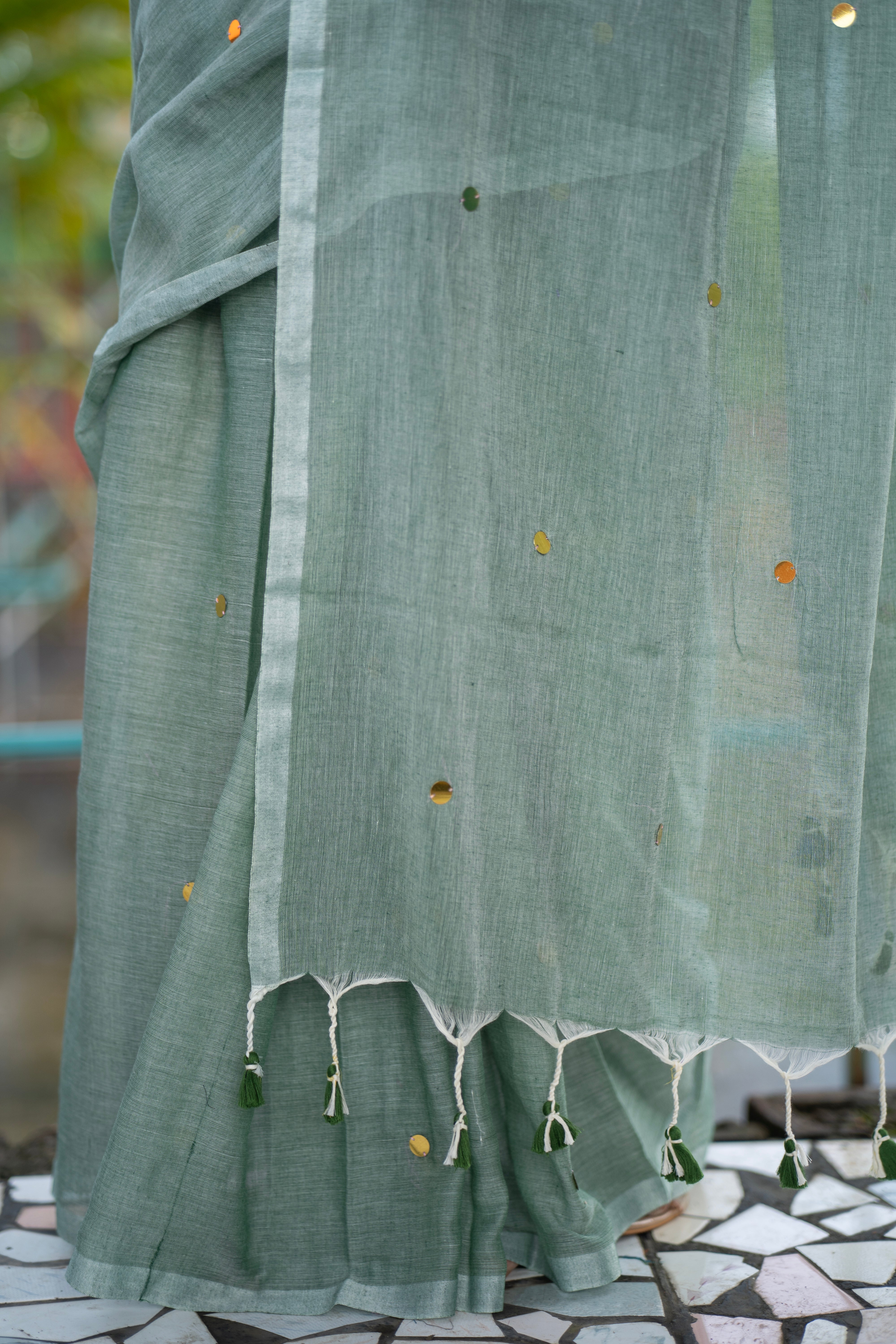 Light Green gini work Mul Mul Cotton Saree with blouse piece