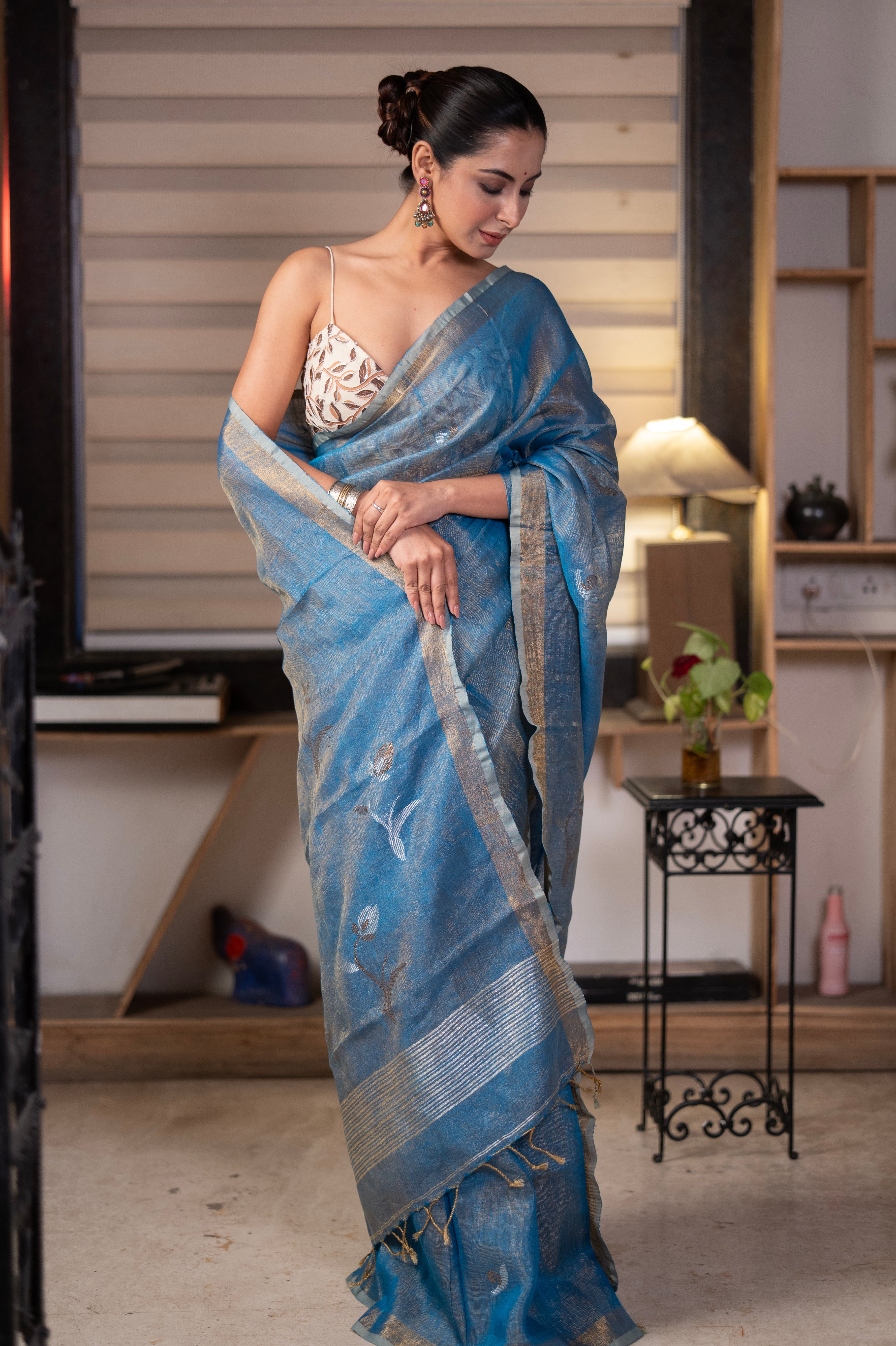 Blue Pure Tissue Linen Handwoven Tulip Saree