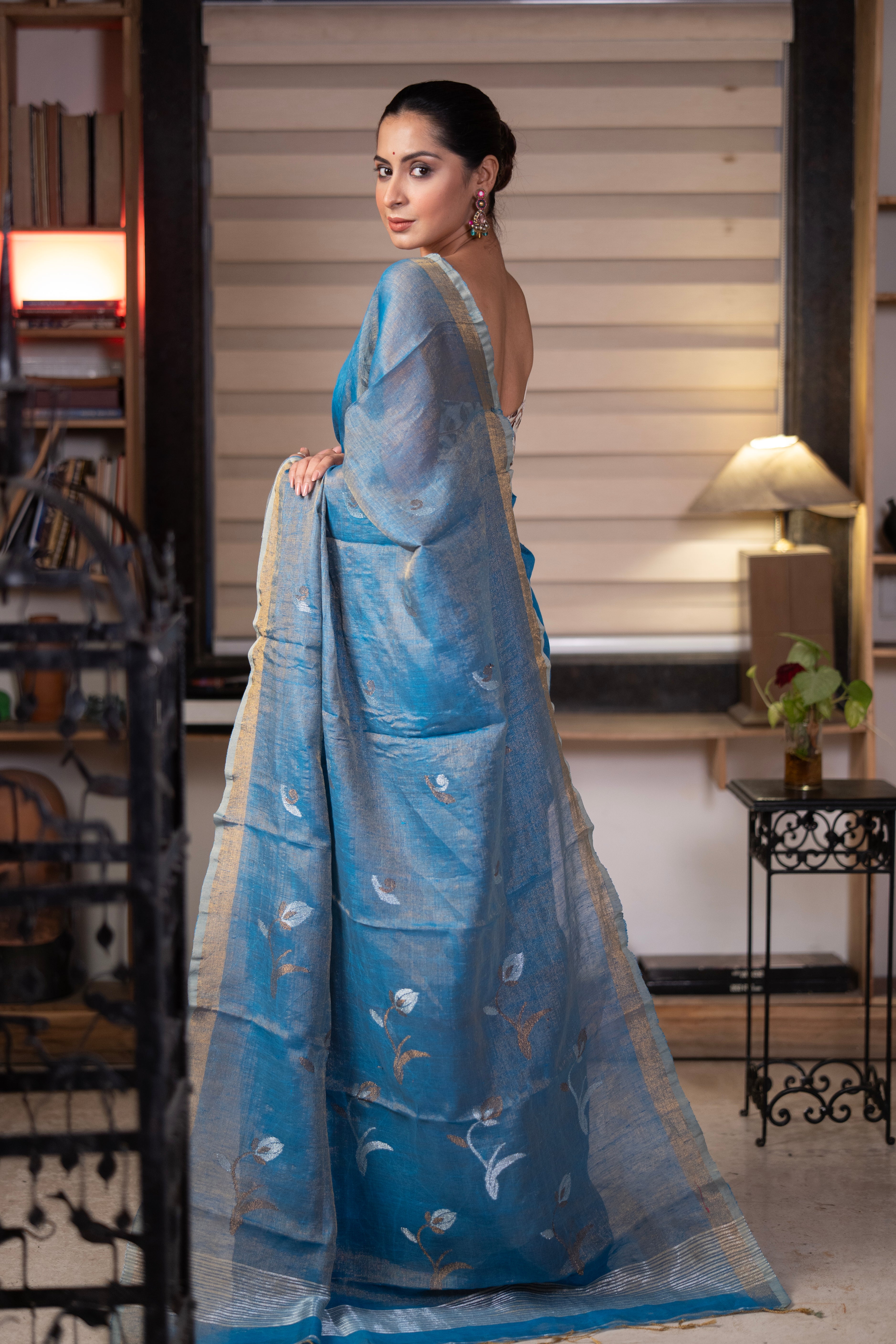 Blue dualtone Pure Tissue Linen Tulip handwoven Saree with blouse piece