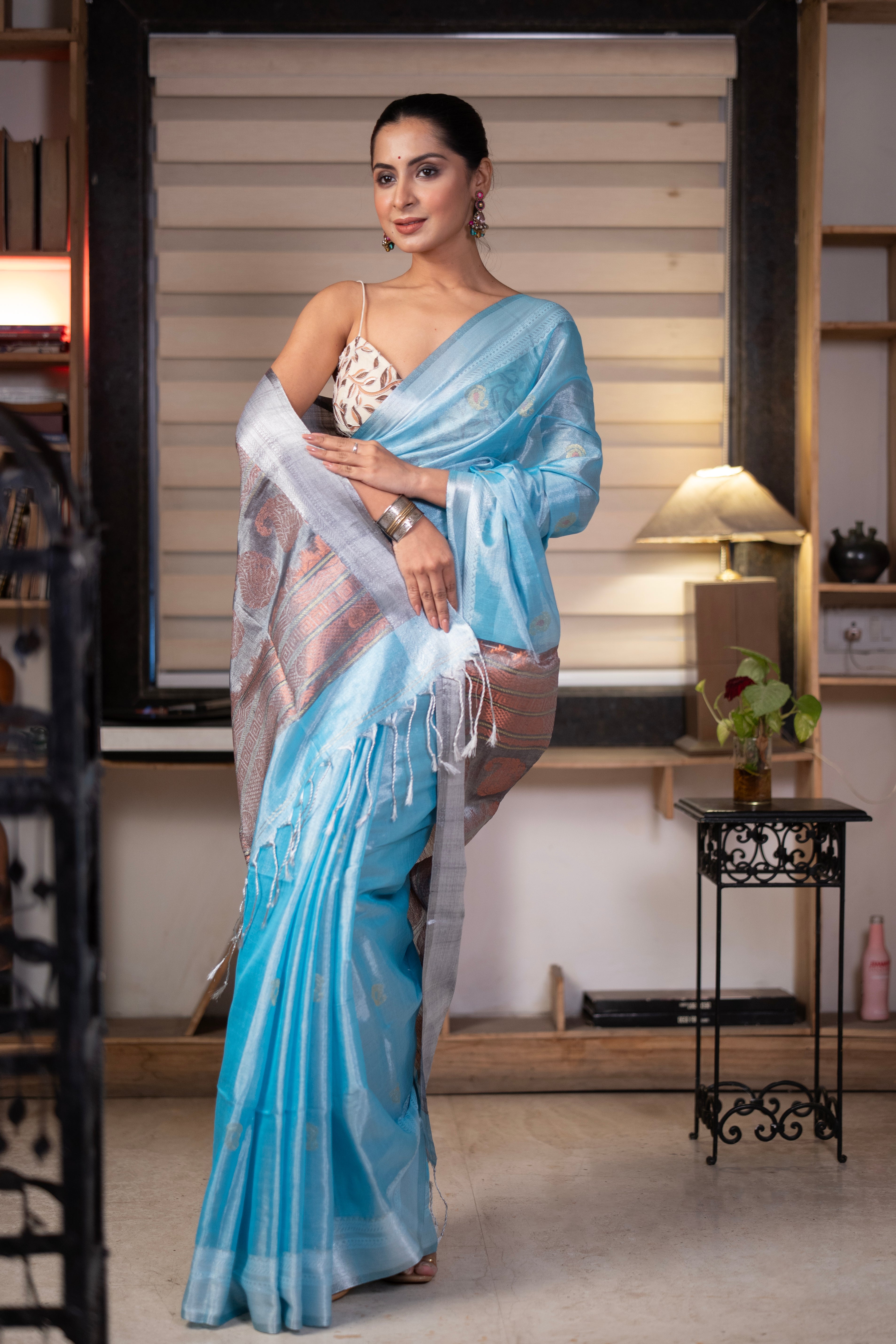 Metallic Cadet Blue Pure Tissue Linen Hand Woven Jamdani Saree
