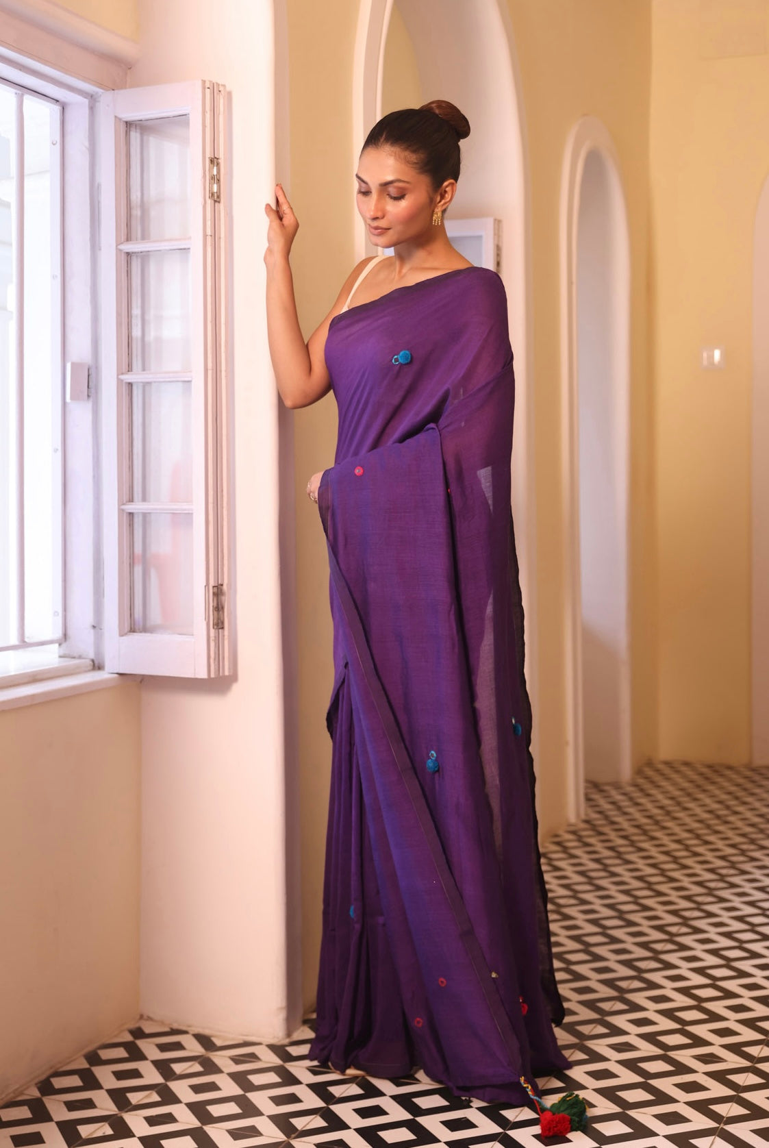 Purple Mulmul Cotton Saree with Mirror Work & Pompom Border