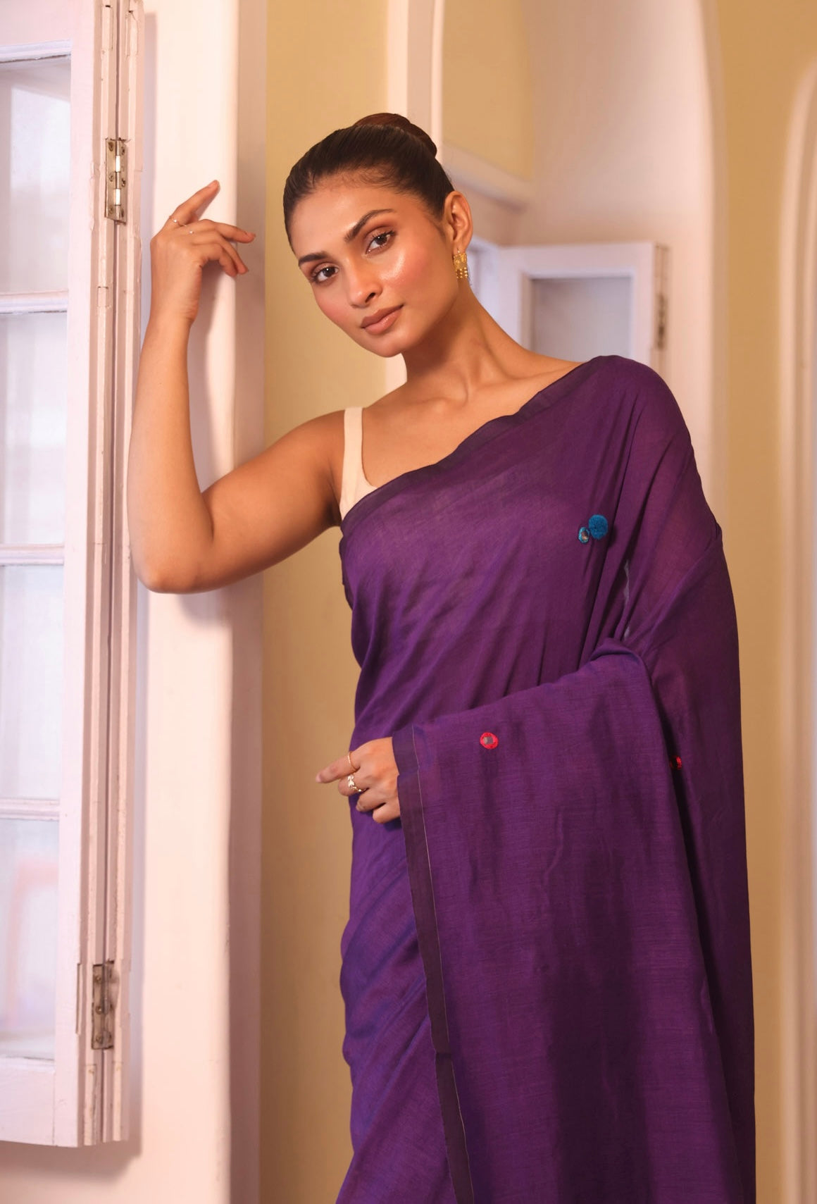Purple Mulmul Cotton Saree with Mirror Work & Pompom Border