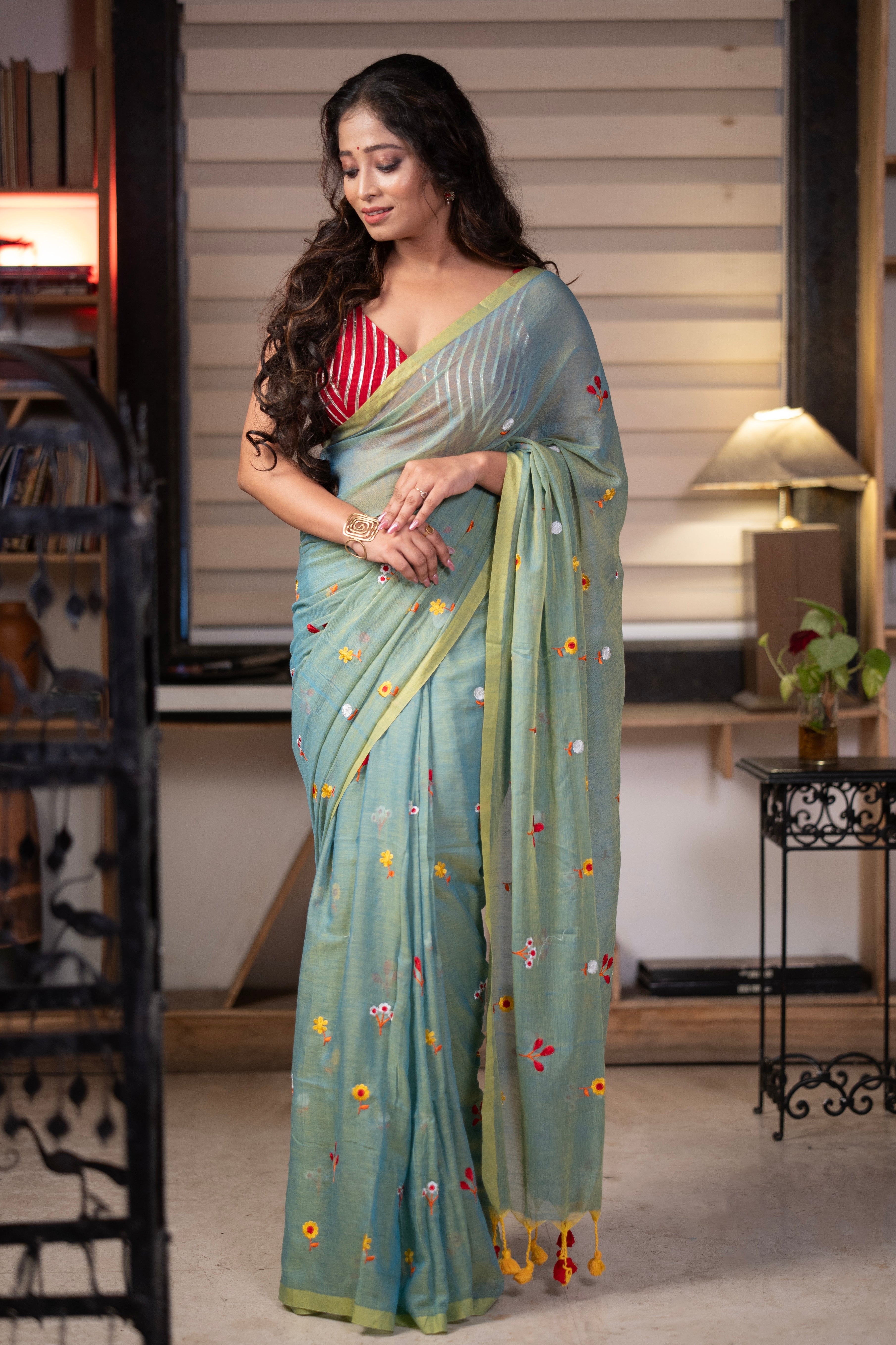 Frog green Embroidered Mul Mul Cotton Saree