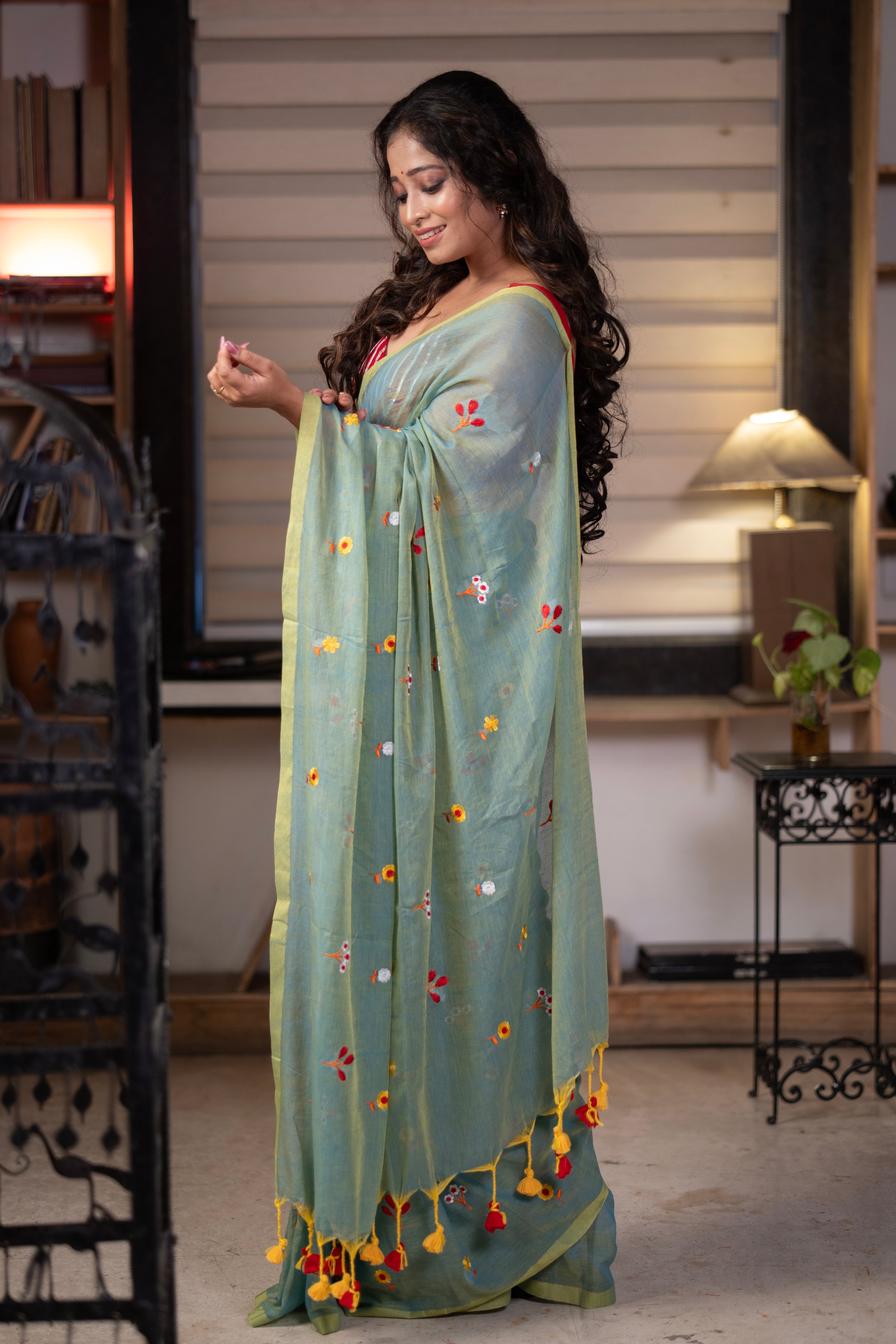 Frog green Embroidered Mul Mul Cotton Saree