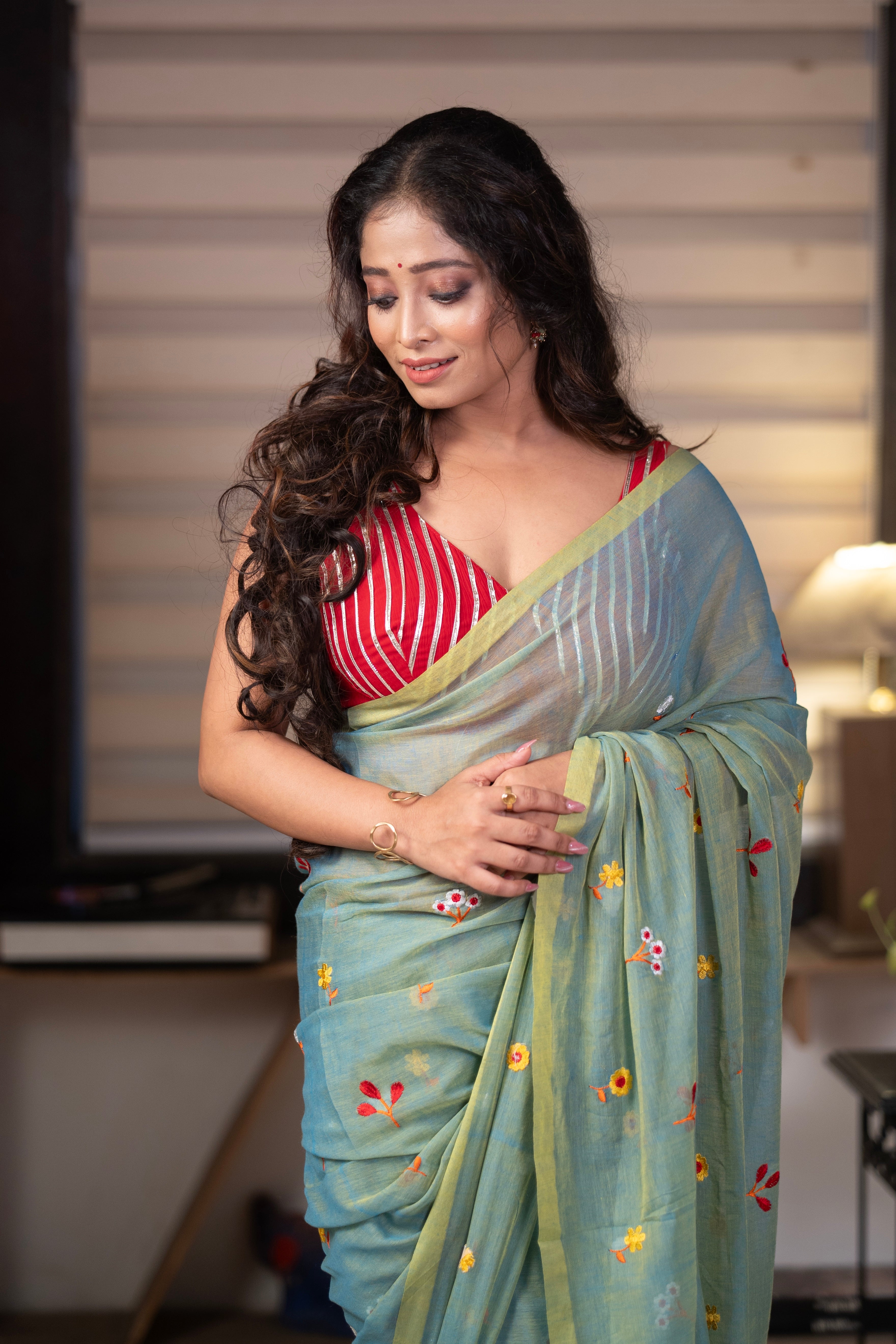 Frog green Embroidered Mul Mul Cotton Saree