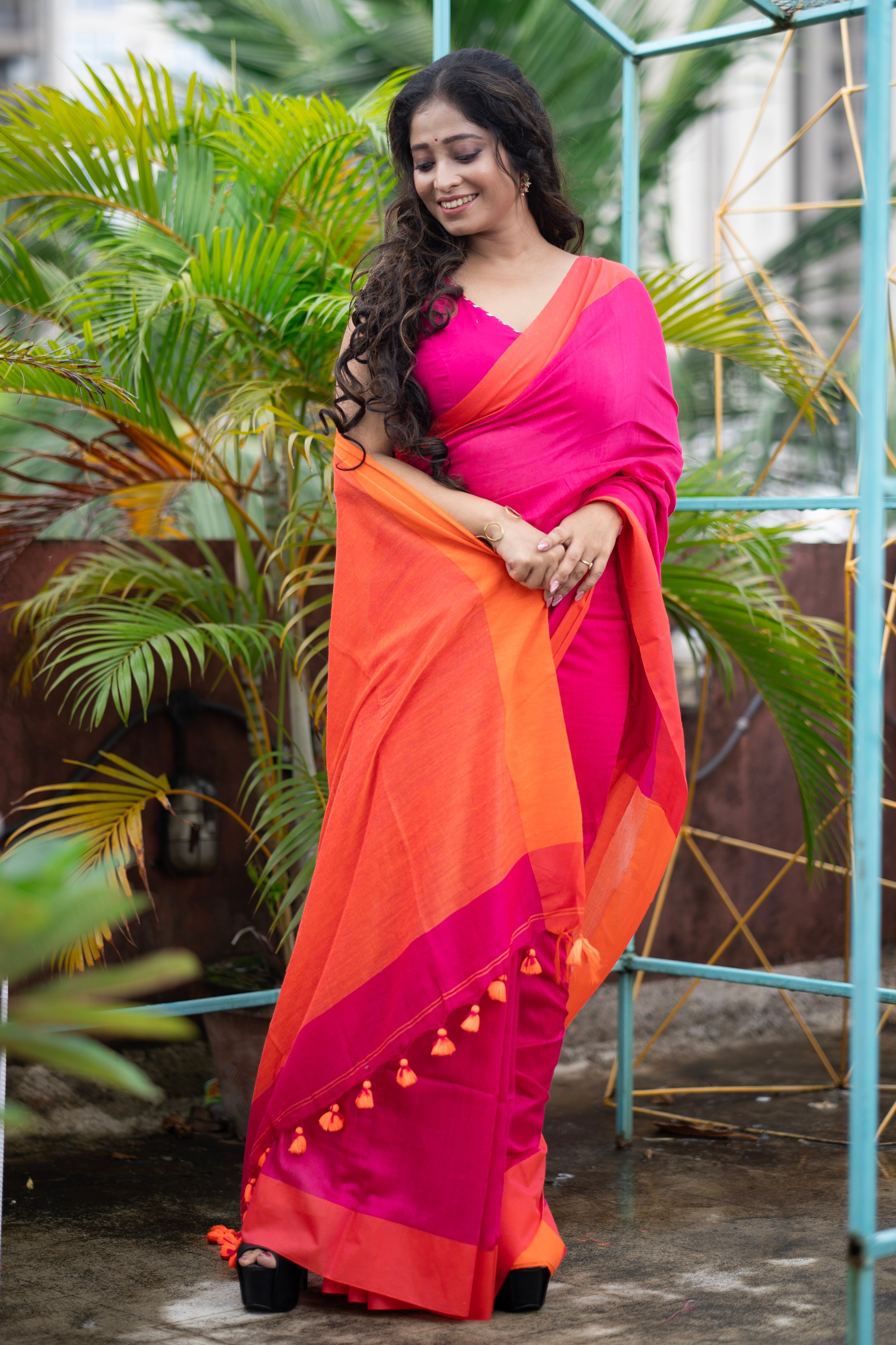 Rani & orange Mul Mul Cotton Saree
