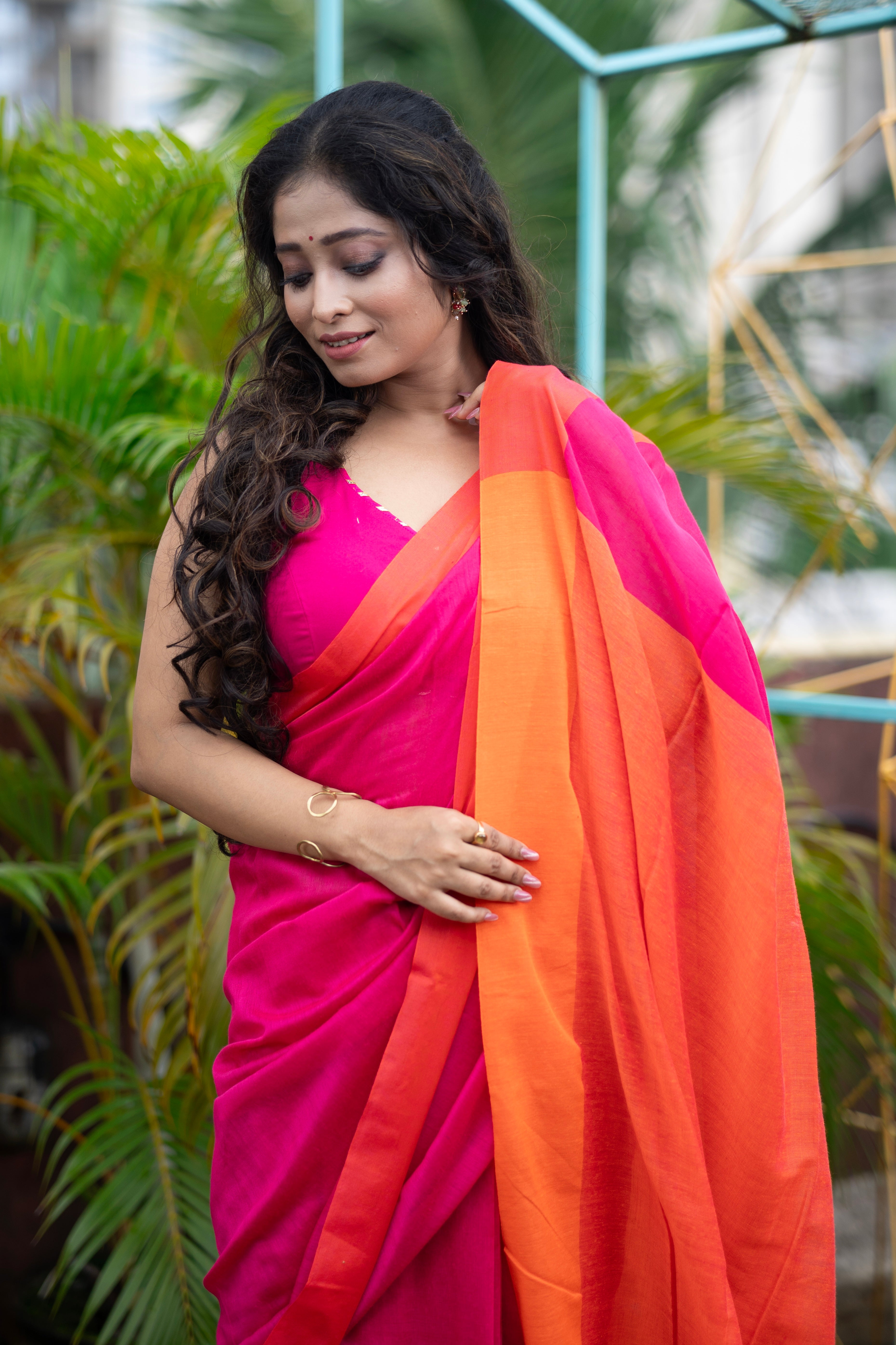 Rani & orange Mul Mul Cotton Saree