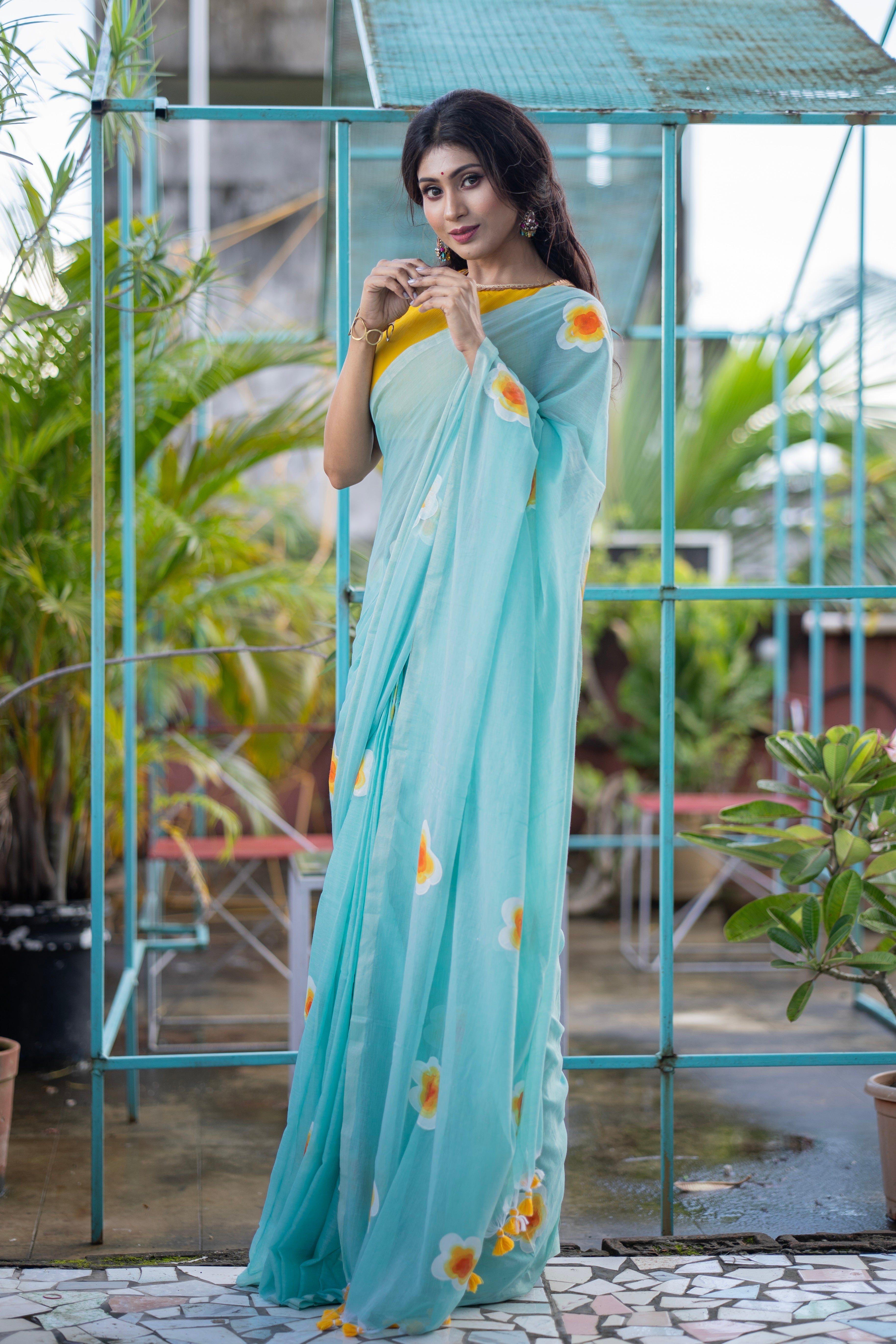 Hand-Printed Floral Mulmul Cotton Saree- light blue
