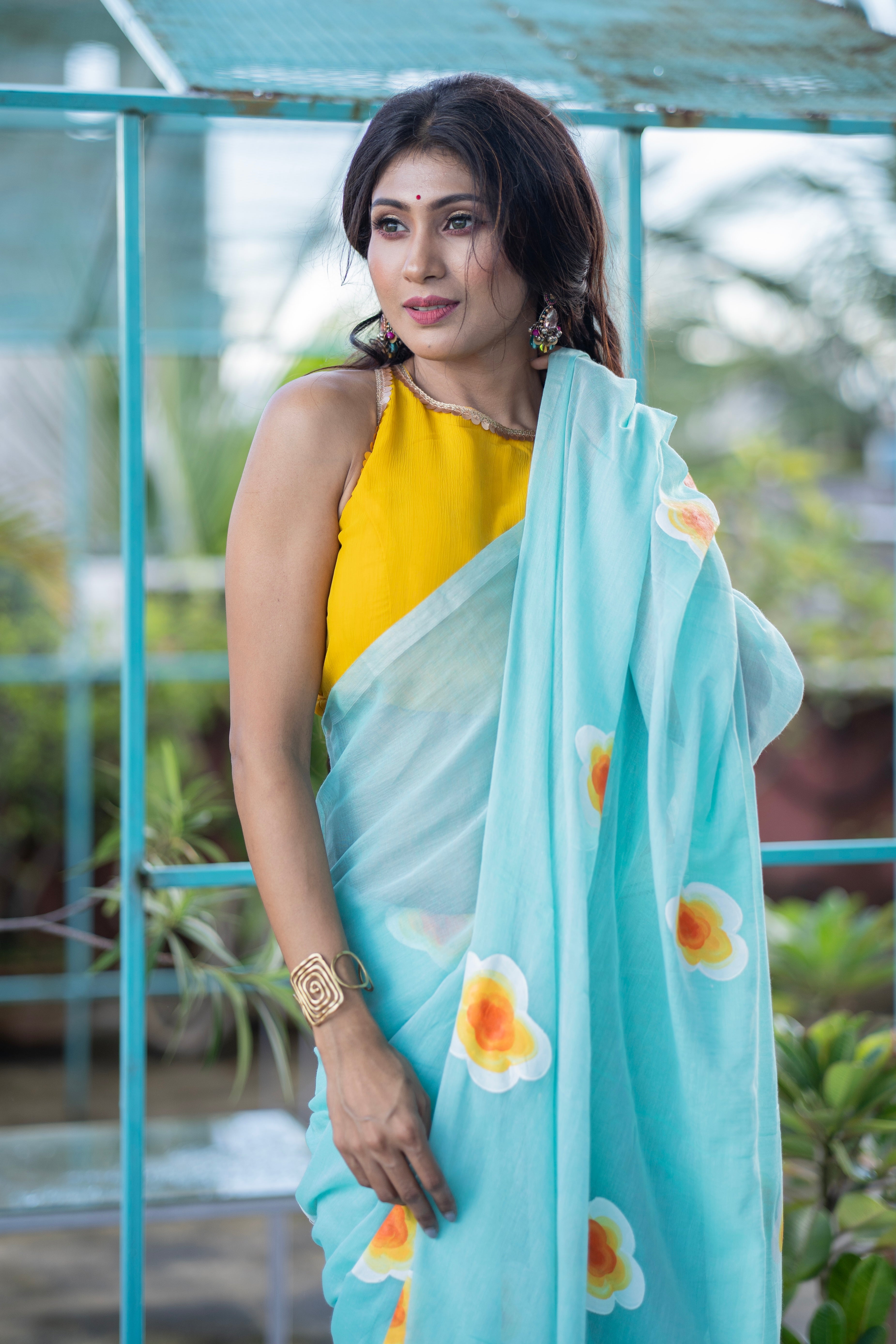 Hand-Printed Floral Mulmul Cotton Saree- light blue
