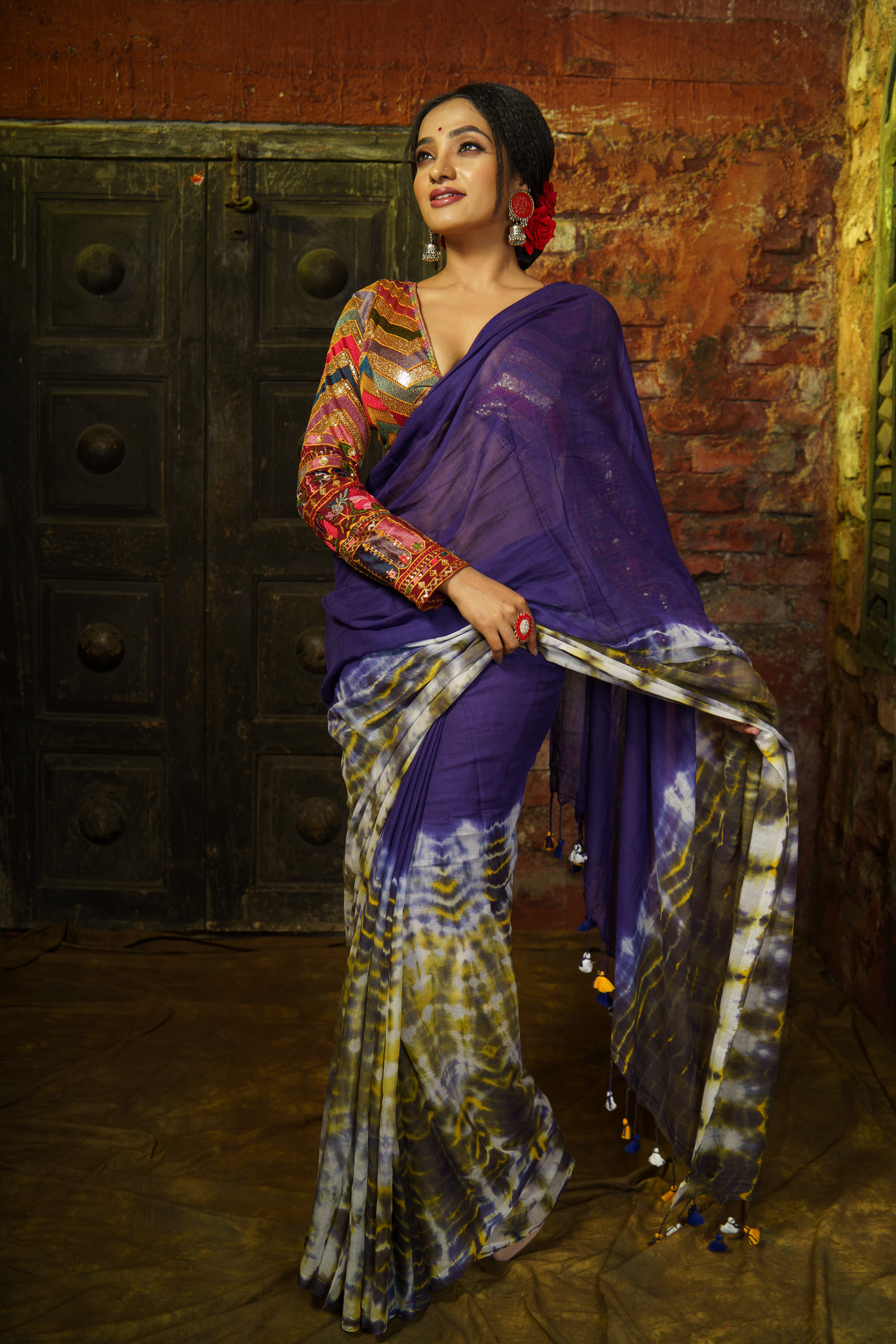 NeelRagini Blue Multi Shibori Mul Cotton Saree