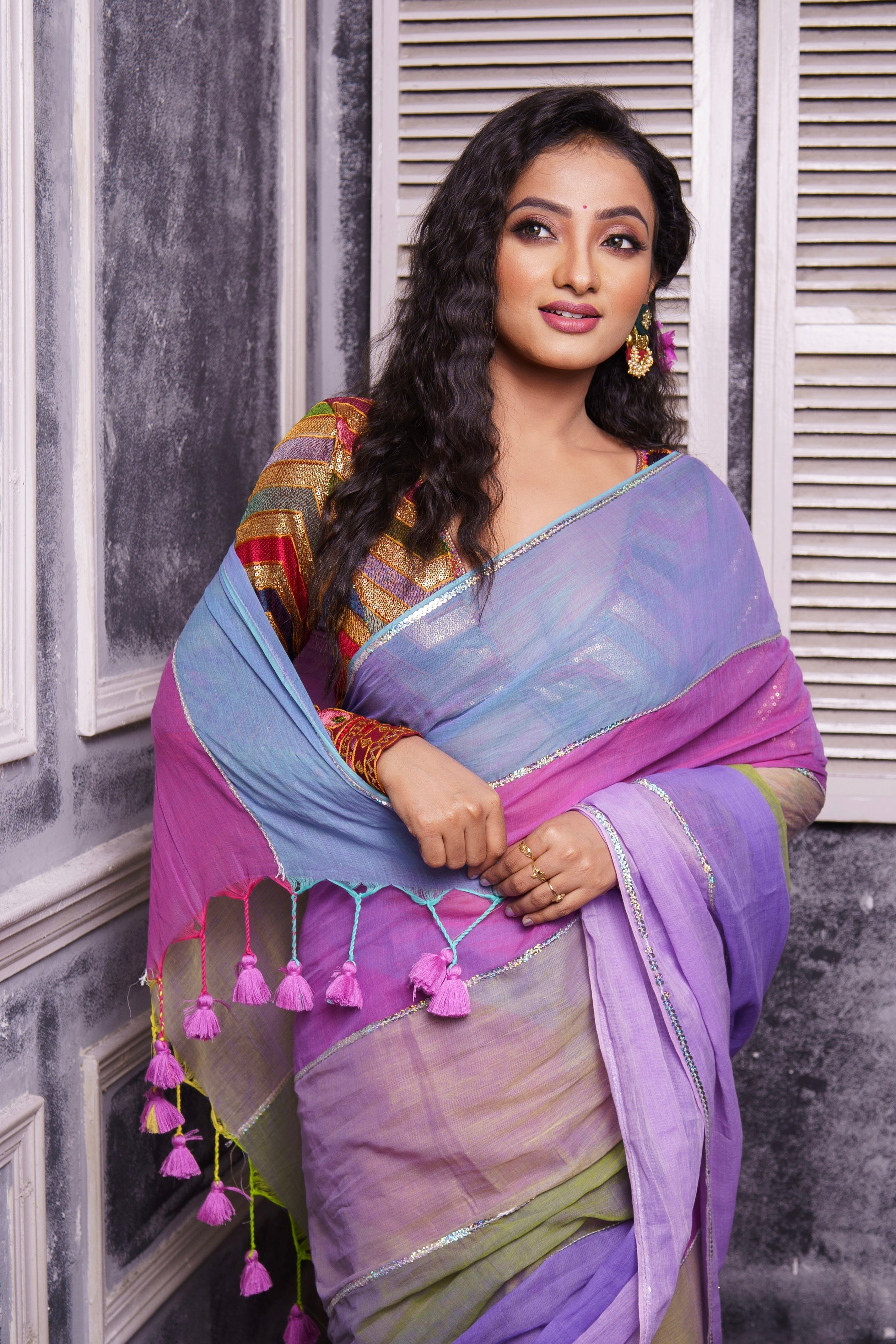 Light Purple Mul Mul Cotton Saree with Multi Rainbow Sequence Work
