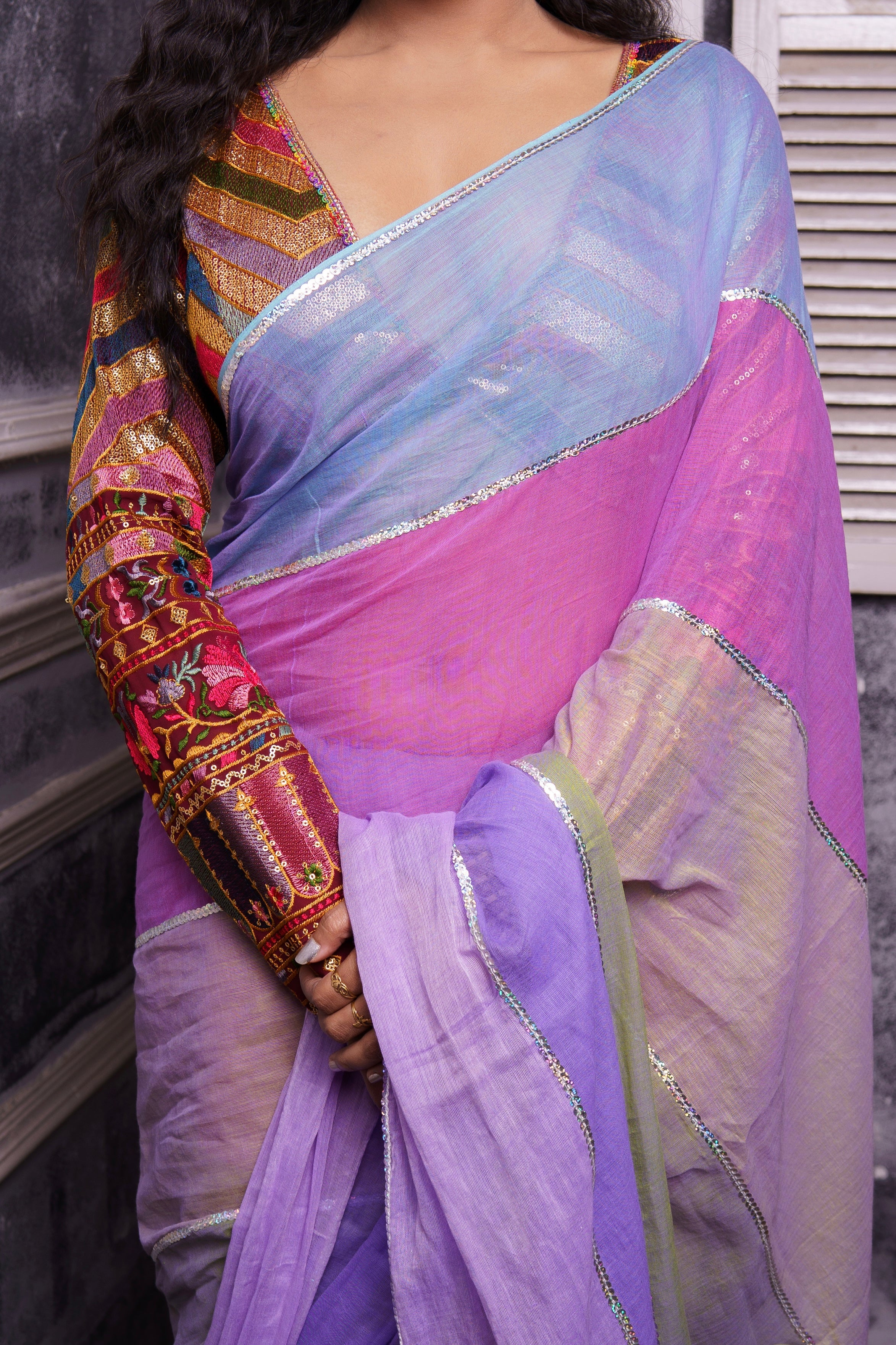 Light Purple Mul Mul Cotton Saree with Multi Rainbow Sequence Work