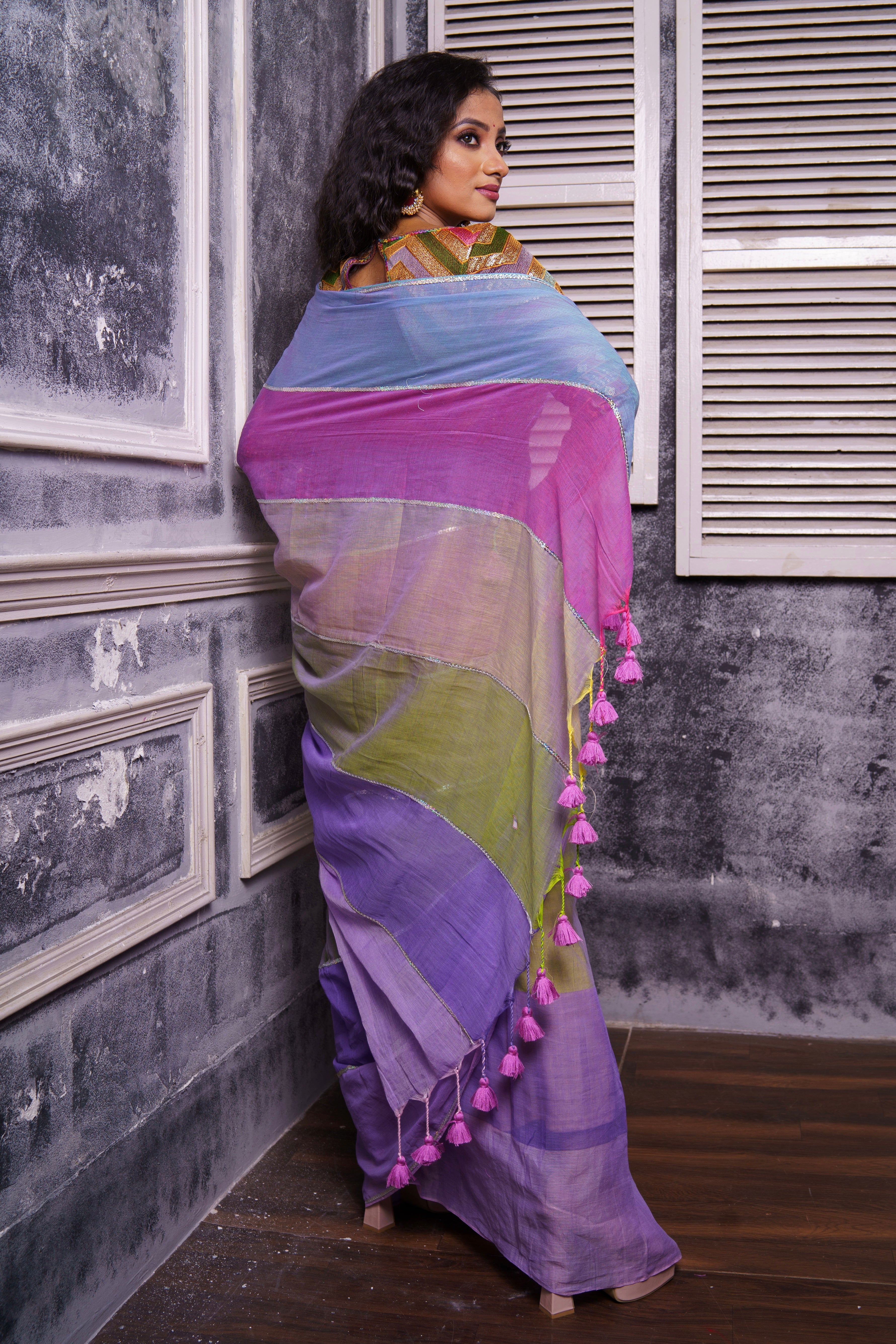 Light Purple Mul Mul Cotton Saree with Multi Rainbow Sequence Work