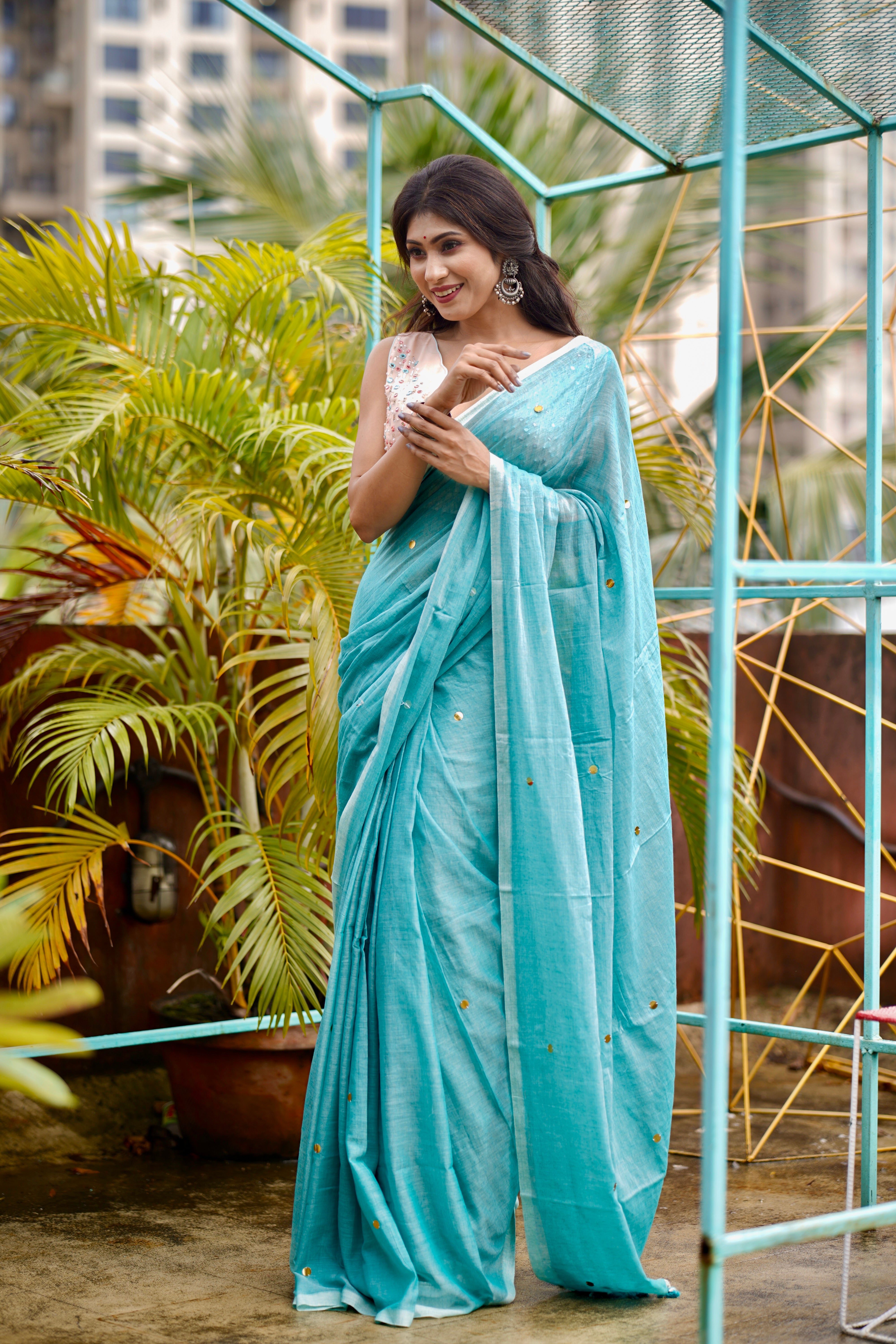 Light Blue Mul Mul Cotton Saree with Ginni Work