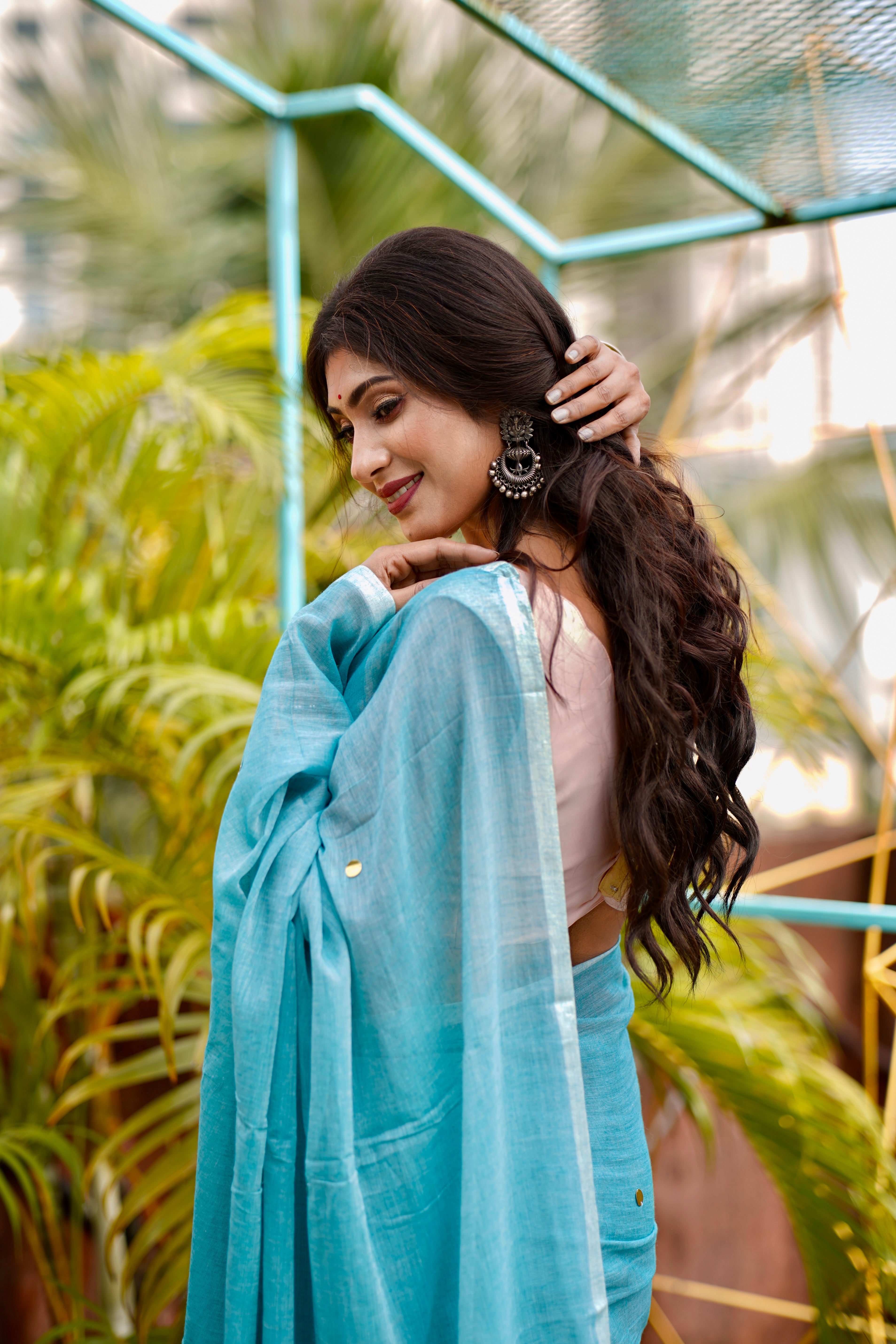 Light Blue Mul Mul Cotton Saree with Ginni Work