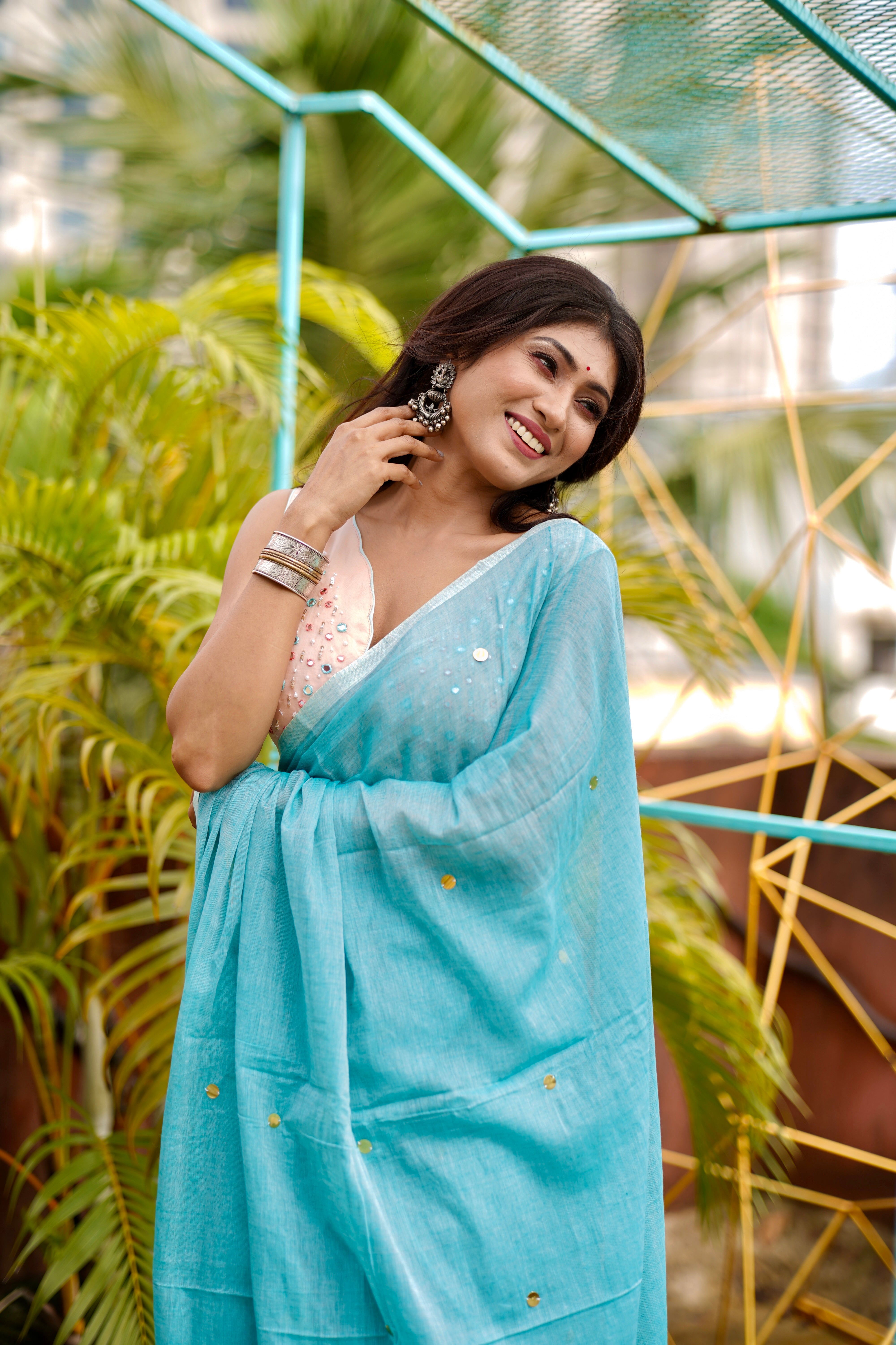 Light Blue Mul Mul Cotton Saree with Ginni Work