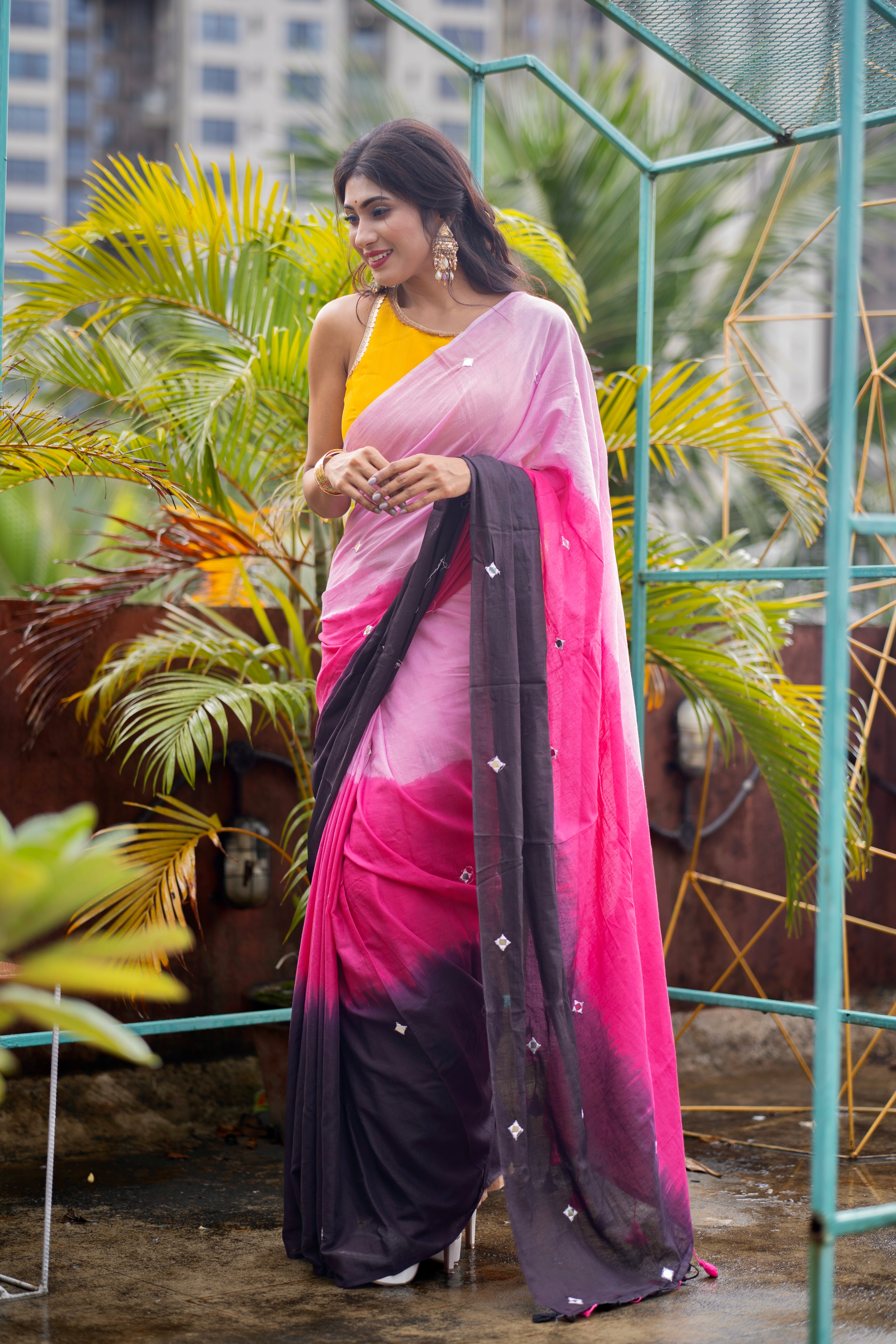 Multicolor pure Mul Mul cotton sarees with mirror work