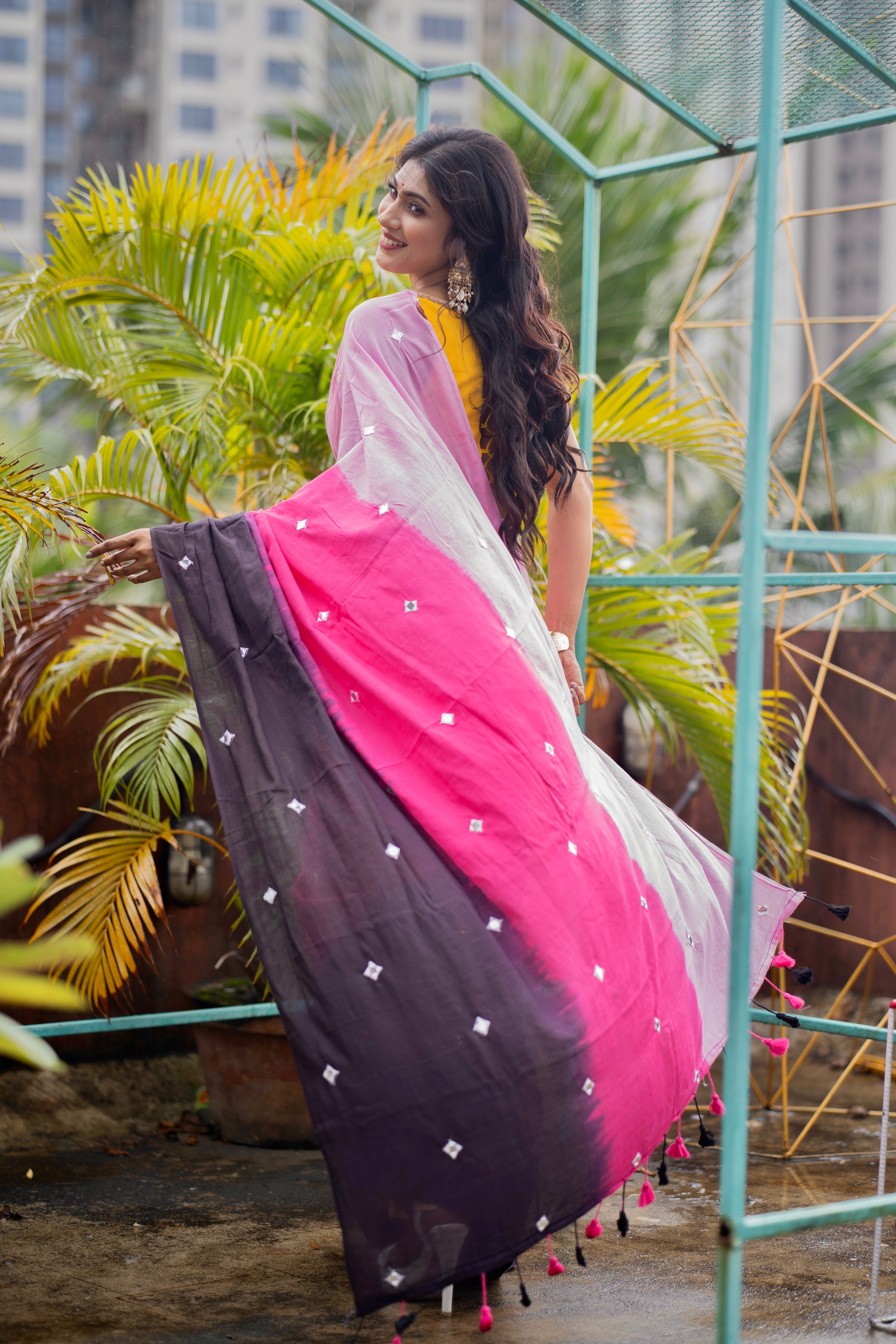 Multicolor pure Mul Mul cotton sarees with mirror work