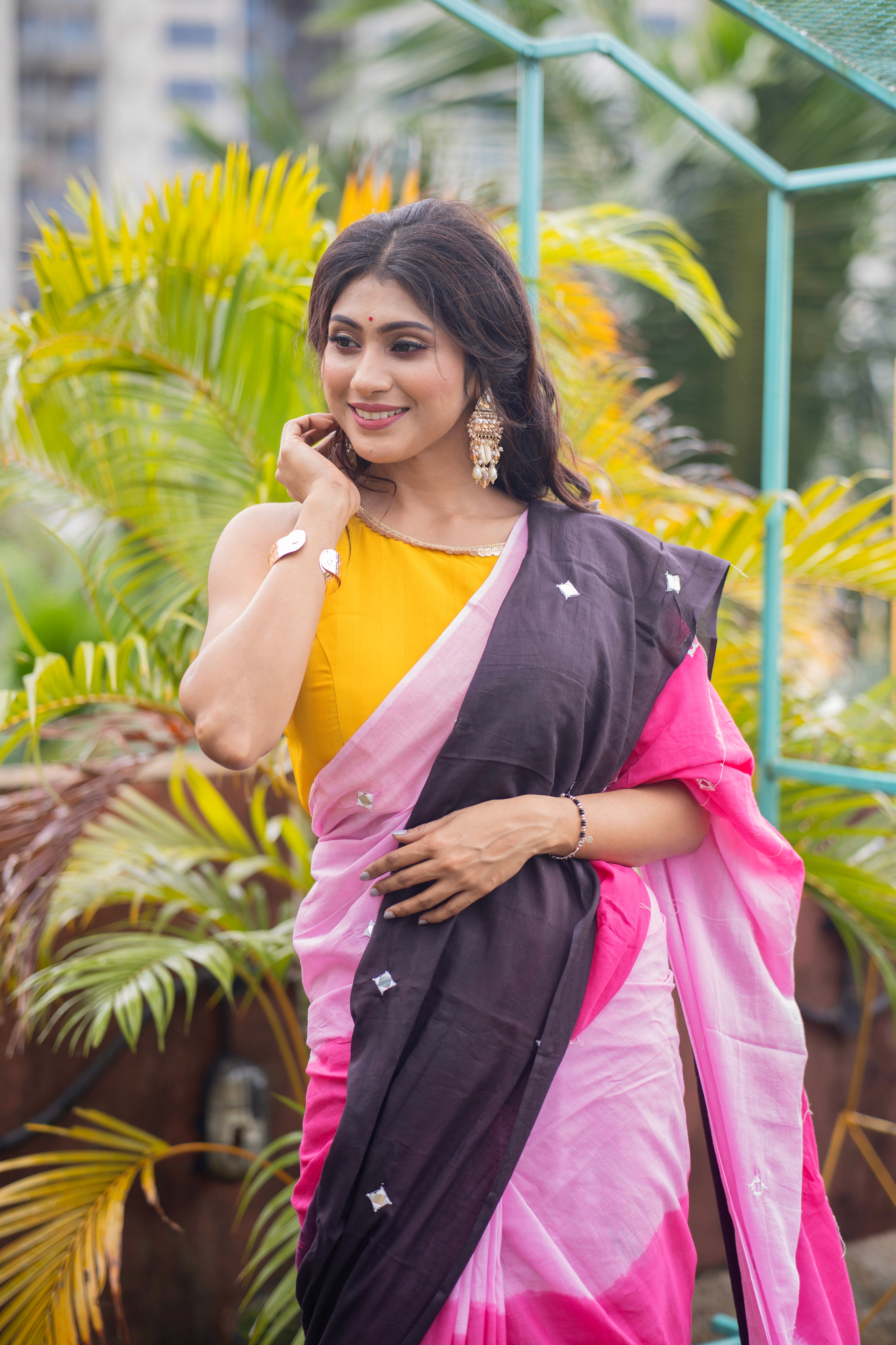 Multicolor pure Mul Mul cotton sarees with mirror work