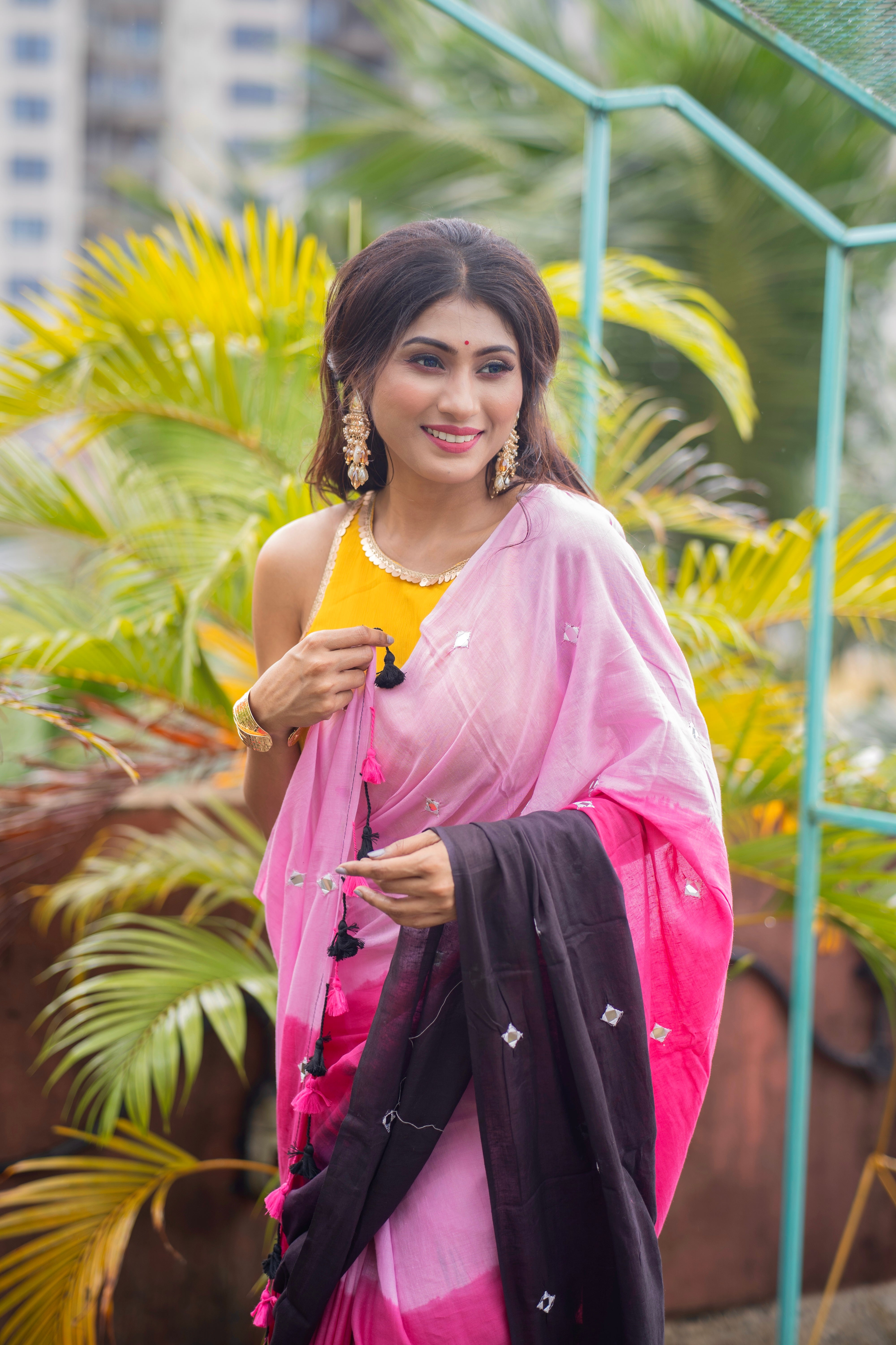 Multicolor pure Mul Mul cotton sarees with mirror work