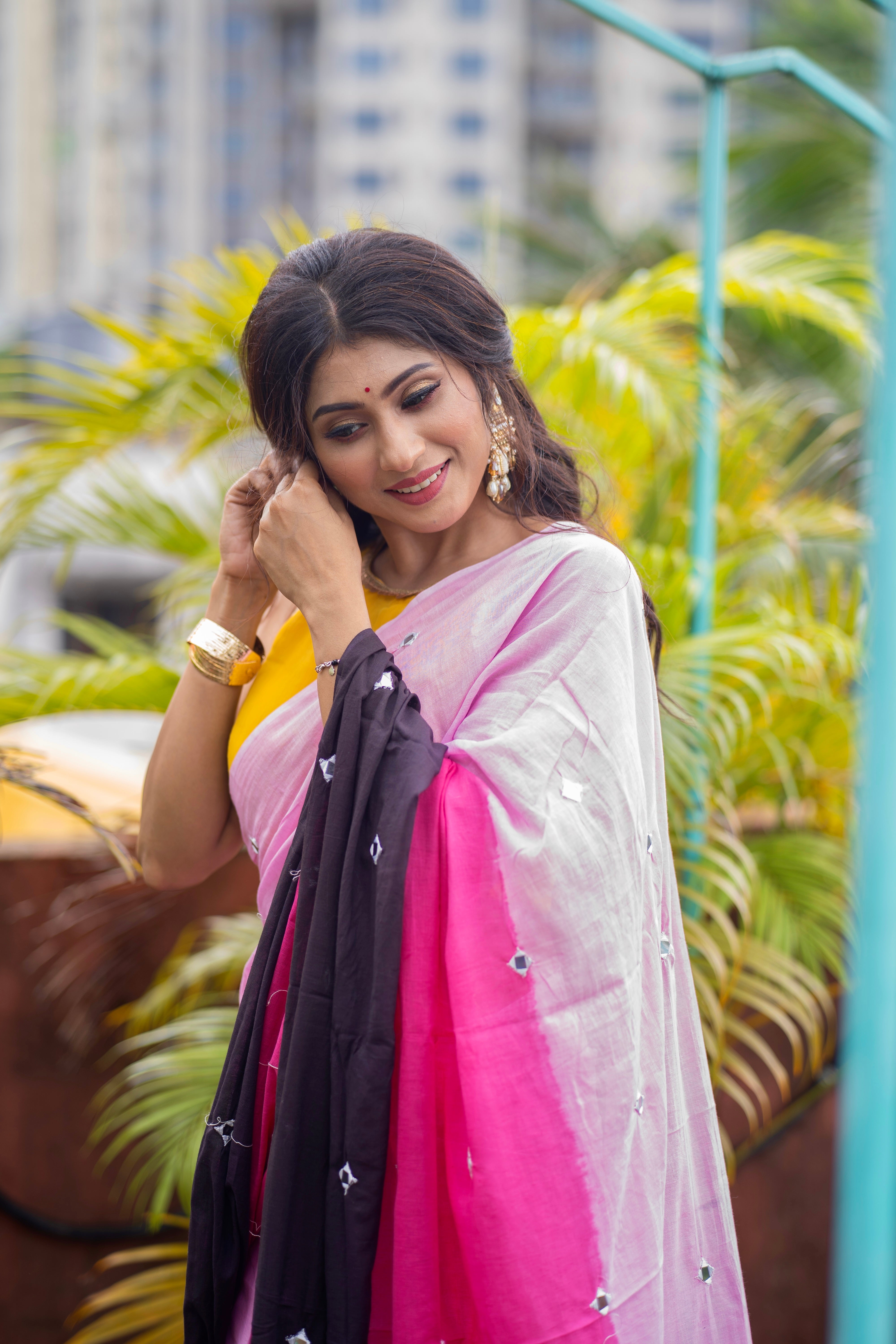 Multicolor pure Mul Mul cotton sarees with mirror work