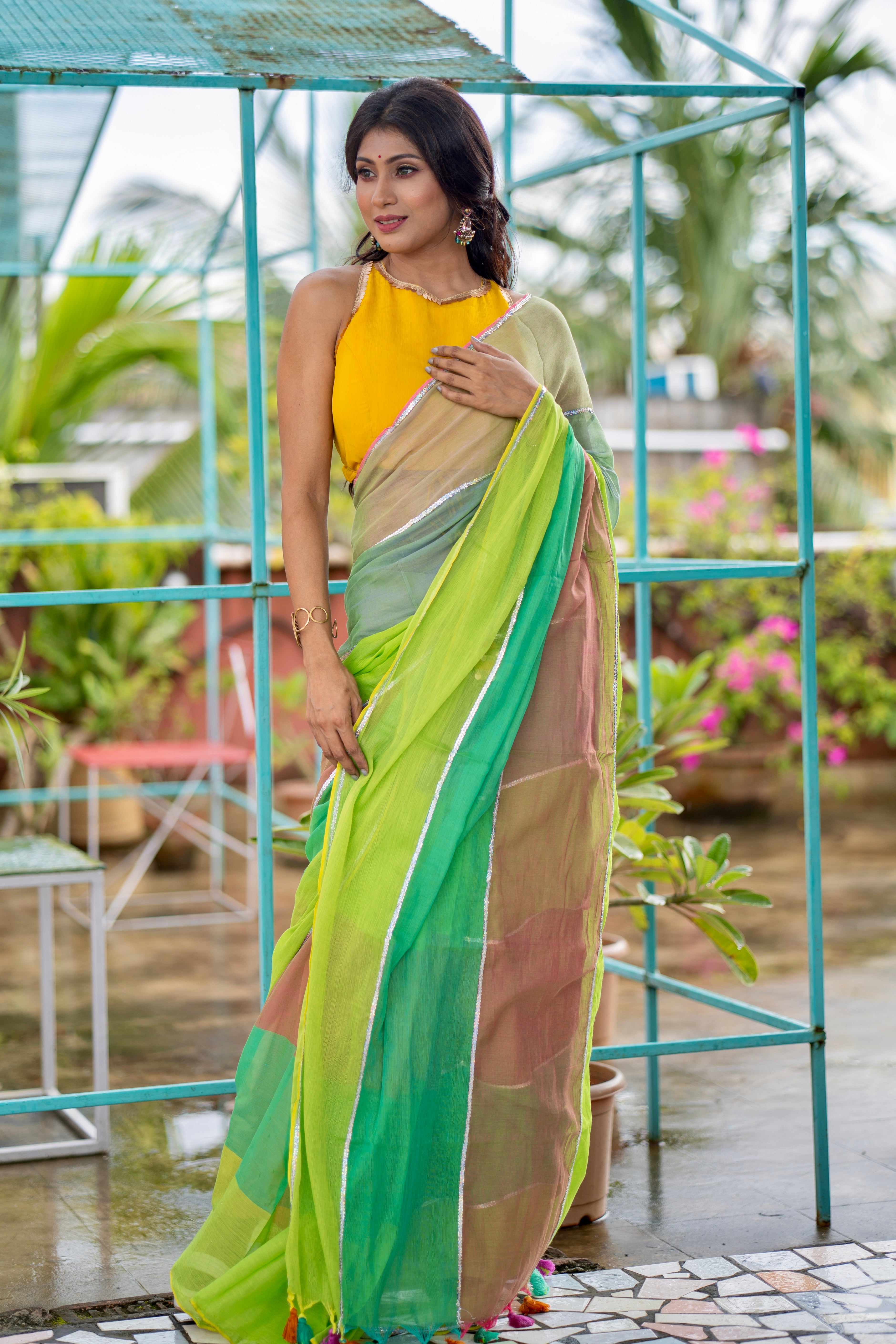 Light green Mul Mul Cotton Saree with Multi Rainbow Sequence Work