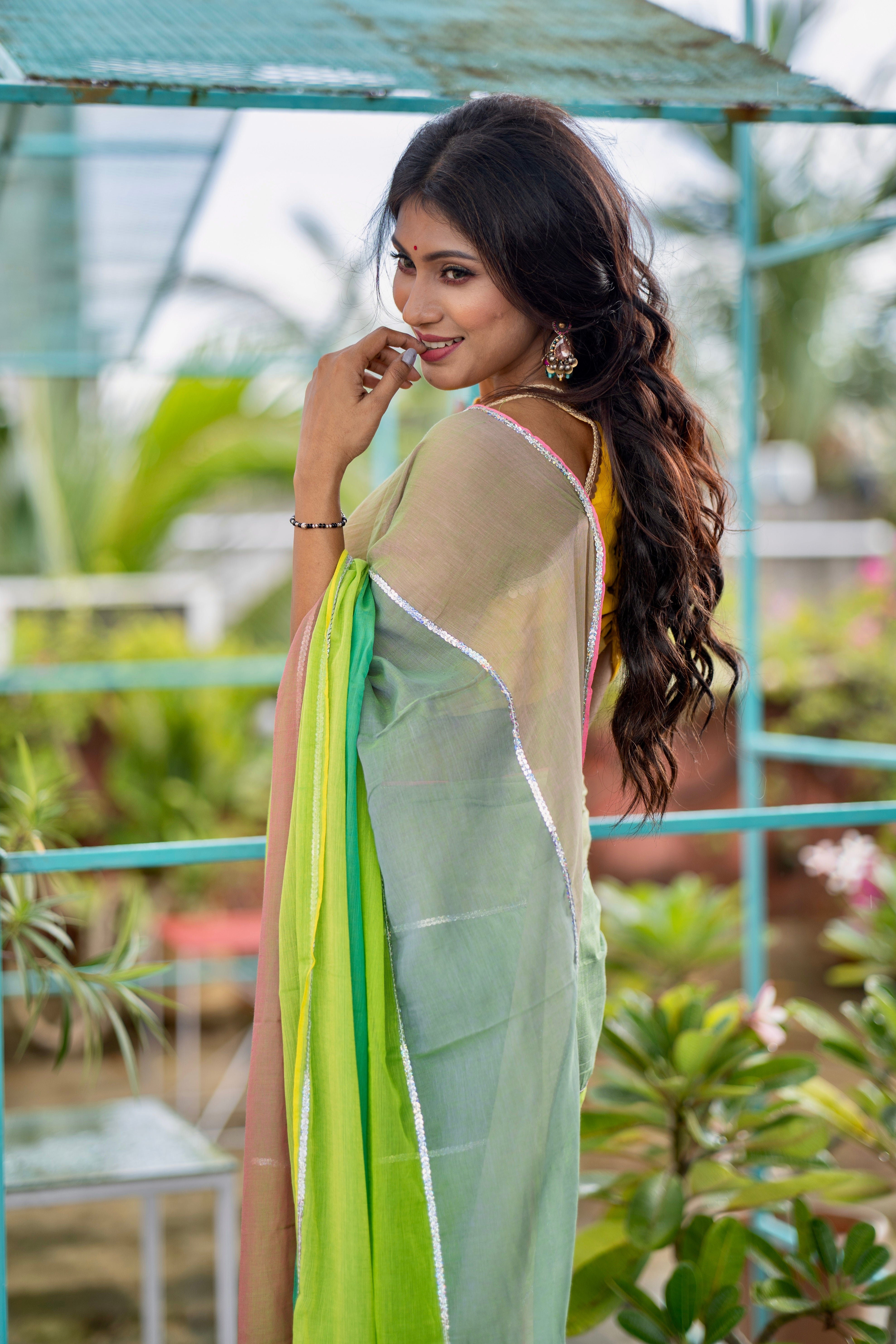 Light green Mul Mul Cotton Saree with Multi Rainbow Sequence Work